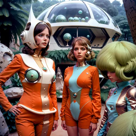 4k image from a 1970s science fiction film, pastels colors, people wearing retro-futuristic fashion clothes and futuristic techn...