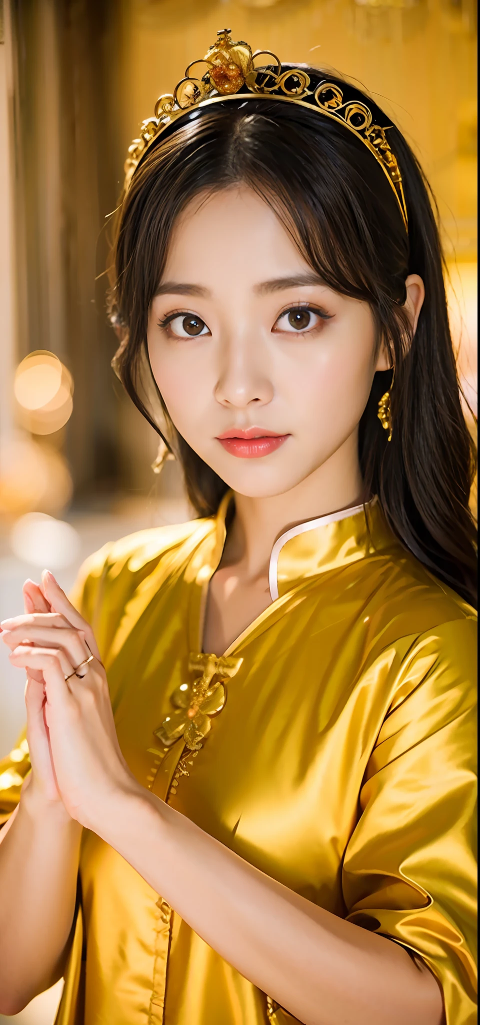 1girl in、NSFW、top-quality、​masterpiece、超A high resolution、(Photorealsitic:1.4)、Raw photo、（ beautiful girl）、Straight long hair、glowy skin、Dramatic Writing、（Golden see-through leotard）、（Golden transparent fluttering robe）、（Golden Buddha Statue）、（Golden Guanyin Bodhisattva Statue）Locket、（（Golden Very Small Tiara））、（Pray）（Standing whole body）、（（delicate finger、Delicate hand））、（delicate paws）、（large full breasts、Clean raised bust）、（Locket）、（（Golden garter stockings））、（（Golden Ancient Temple Wall））、（Blur the background）、（One boob is visible）、（Woman Praying）、（Pray with Your Hands Together）、Full body、standingn、