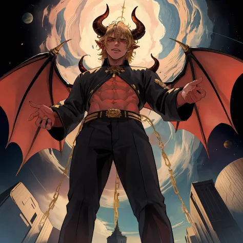 1boy, gold,masterpiece, best quality, man with horns on his head, fit male demon with horns, oni horns, with horns, red skin, to...