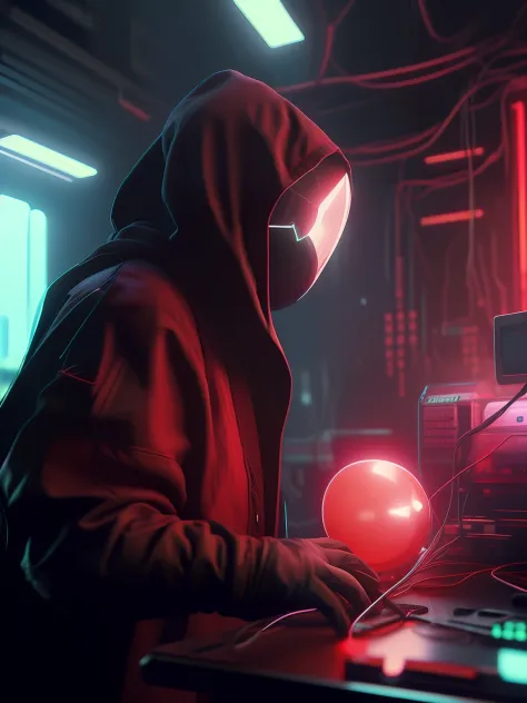 NeonNinja style, a close up of a person wearing a red hood there is a large ball in the middle of a room, a close up of an electronic device on a table
