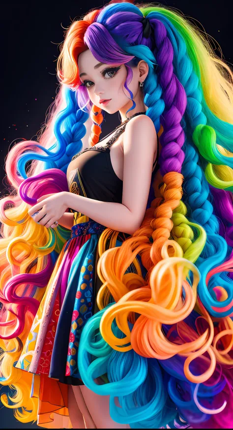 (chibi：1.5),(full bodyesbian:1.2), (Smokexxx:1.4), 1girl with really wild hair, (Multicolored wavy hair:1.2), (two long braids:1...
