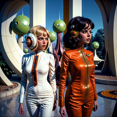 4k image from a 1970s science fiction film, imagem real, Estilo Stanley Kubrick, pastels colors, people wearing retro-futuristic...