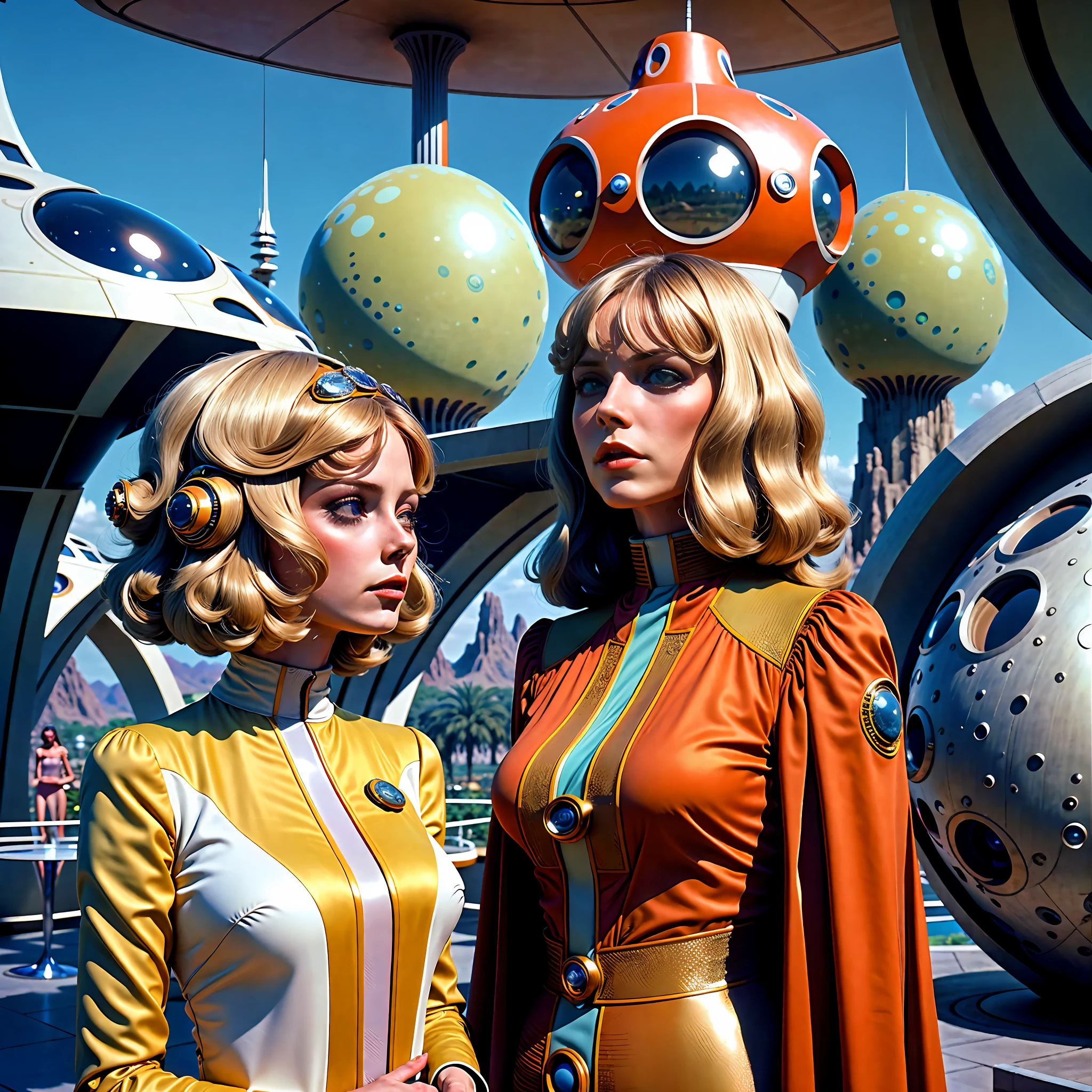 4k image from a 1970s science fiction film, imagem real, Estilo Stanley Kubrick, pastels colors, people wearing retro-futuristic fashion clothes and futuristic technological ornaments and devices in the cafeteria, luz natural, cinemactic, Psicodelia, futurista estranho, retro-futurista, photo-realistic, olhos reais, perfect hands, cabelo perfeito, ricos detalhes do rosto, hiper detalhado, hyper realistic, textura real da pele, texturas de tecido real, Sharp background details, sharp render, Sci-fi dos anos 1970, photo taken with an ARRI Alexa camera with panavision sphero 65 lens.