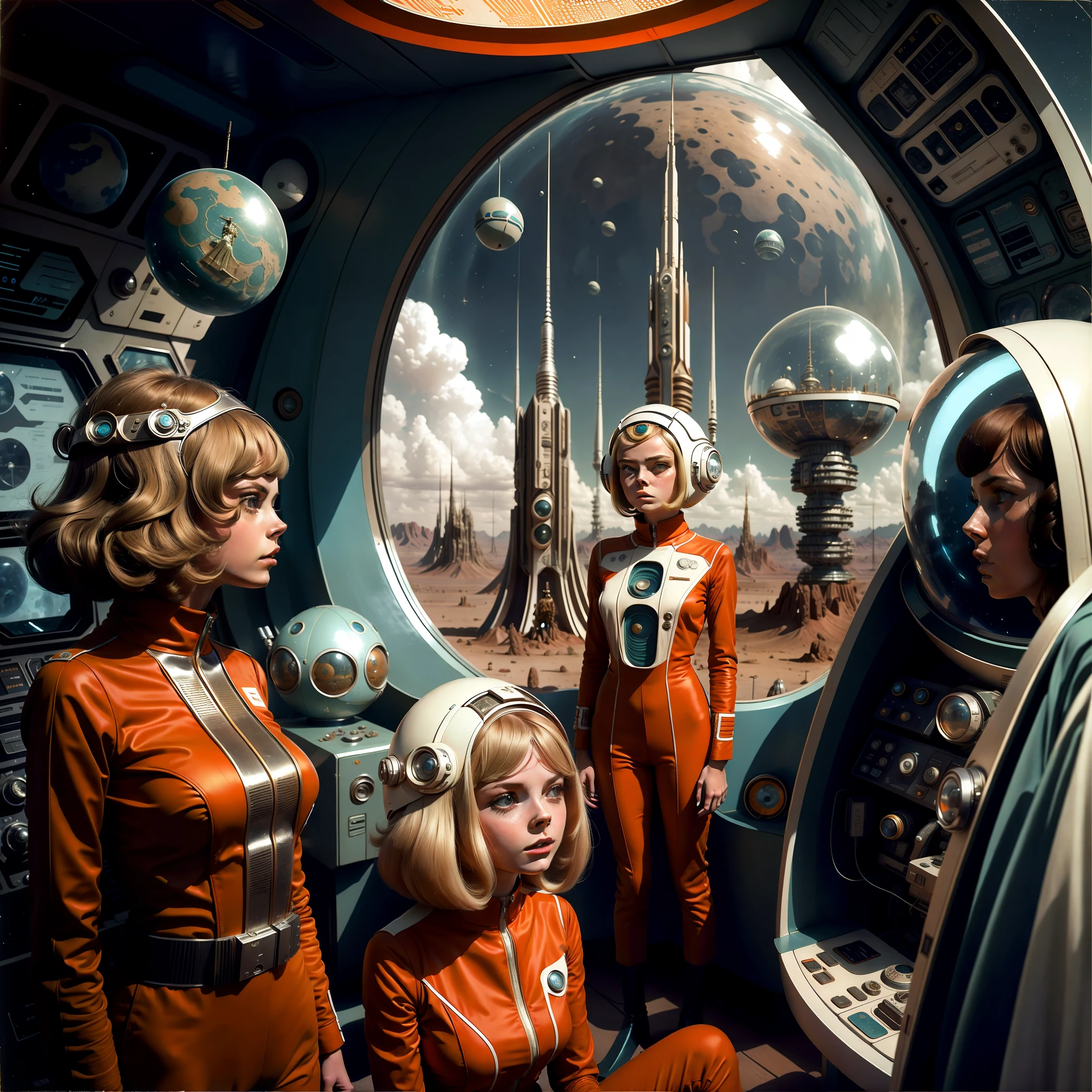 Two women in spacesuits stand next to a man in a space suit, Retro Sci - Imagem de FI, 1 9 6 0's sci - fi, 7 0's vintage sci - estilo fi, Elle Fanning como um androide, retro science fiction film, 7 0 s science fiction, Retro Sci - Science fiction film, 1 9 7 0's sci - fi movie