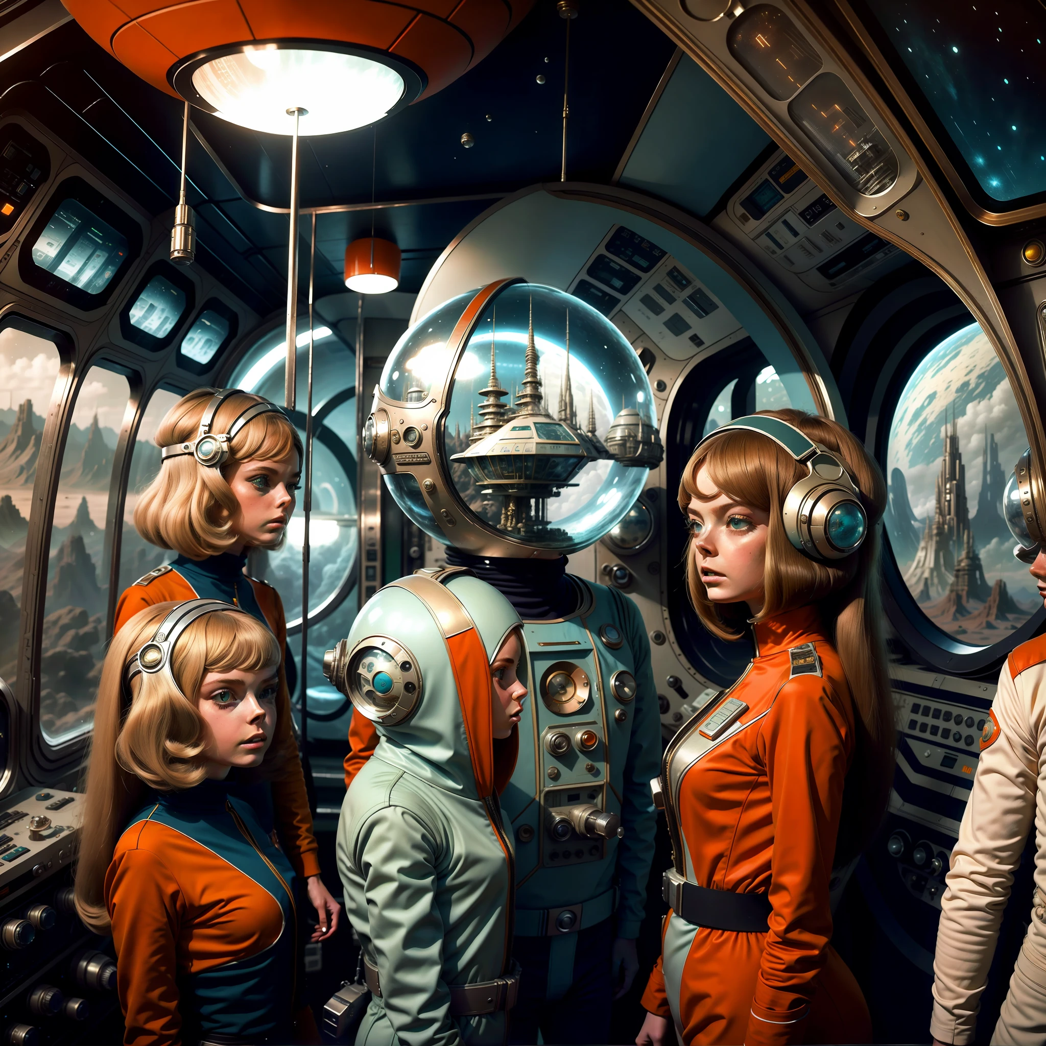 Deux femmes en combinaison spatiale se tiennent à côté d’un homme en combinaison spatiale, Rétro Sci - Image de FI, 1 9 6 0's science-fiction, 7 0's vintage sci - estilo fi, Elle Fanning: un androïde, Film de science-fiction rétro, 7 0 s science-fiction, Retro Sci - Film de science-fiction, 1 9 7 0's sci-fi film