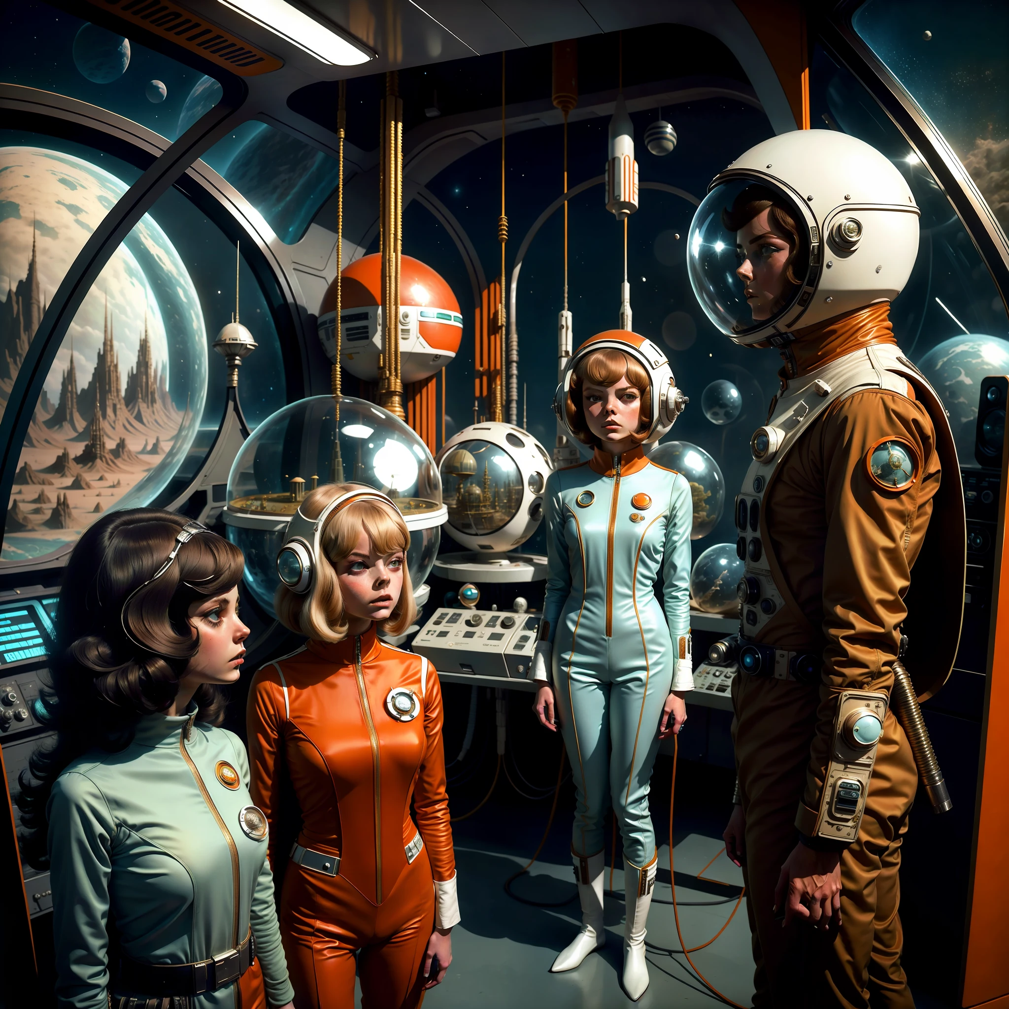 Two women in spacesuits stand next to a man in a space suit, Retro Sci - Imagem de FI, 1 9 6 0's sci - fi, 7 0's vintage sci - estilo fi, Elle Fanning como um androide, retro science fiction film, 7 0 s science fiction, Retro Sci - Science fiction film, 1 9 7 0's sci - fi movie
