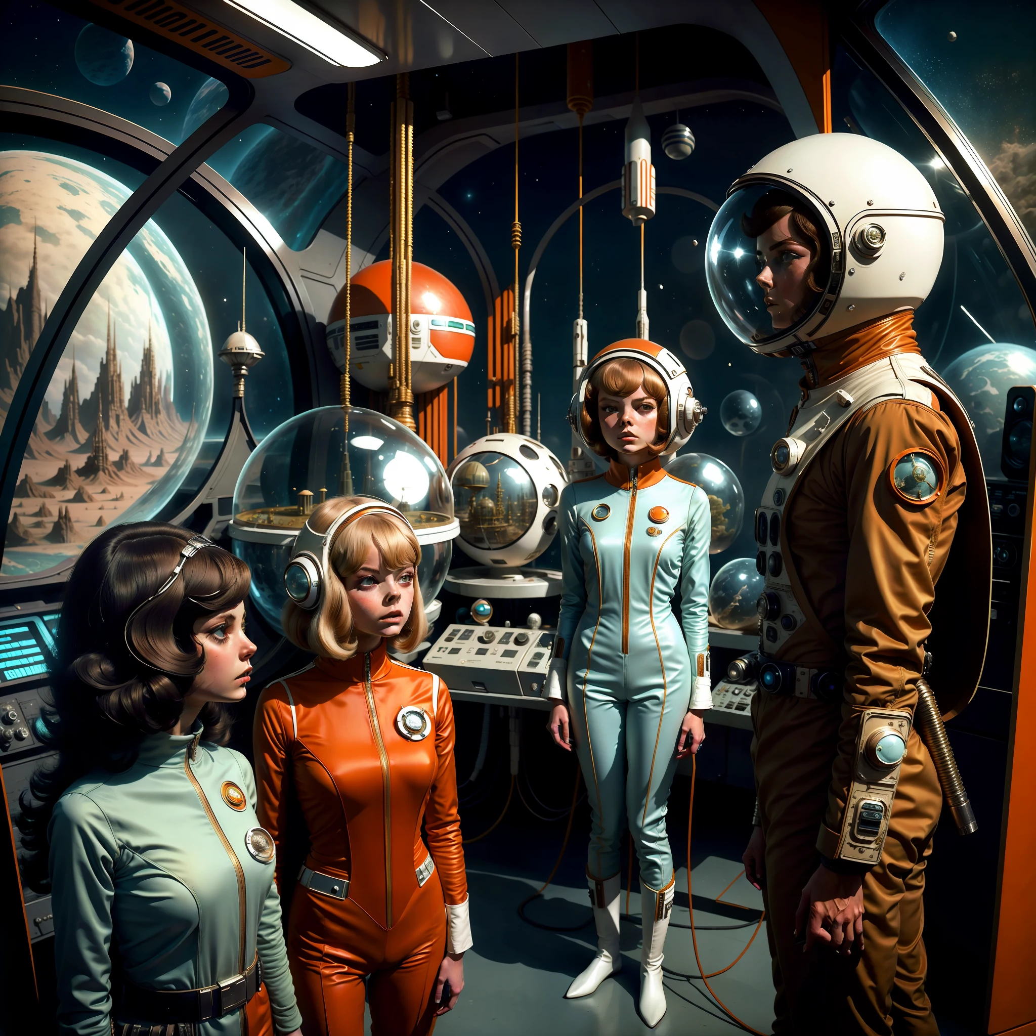 Duas mulheres em trajes espaciais ficam ao lado de um homem em traje espacial, Retro Sci - Imagem de FI, 1 9 6 0's sci - fi, 7 0's vintage sci - estilo fi, Elle Fanning como um androide, filme retrô de ficção científica, Ficção científica dos anos 70, Retro Sci - Filme de ficção científica, Filme de ficção científica dos anos 1970