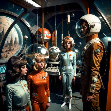 Two women in spacesuits stand next to a man in a space suit, Retro Sci - Imagem de FI, 1 9 6 0's sci - fi, 7 0's vintage sci - e...