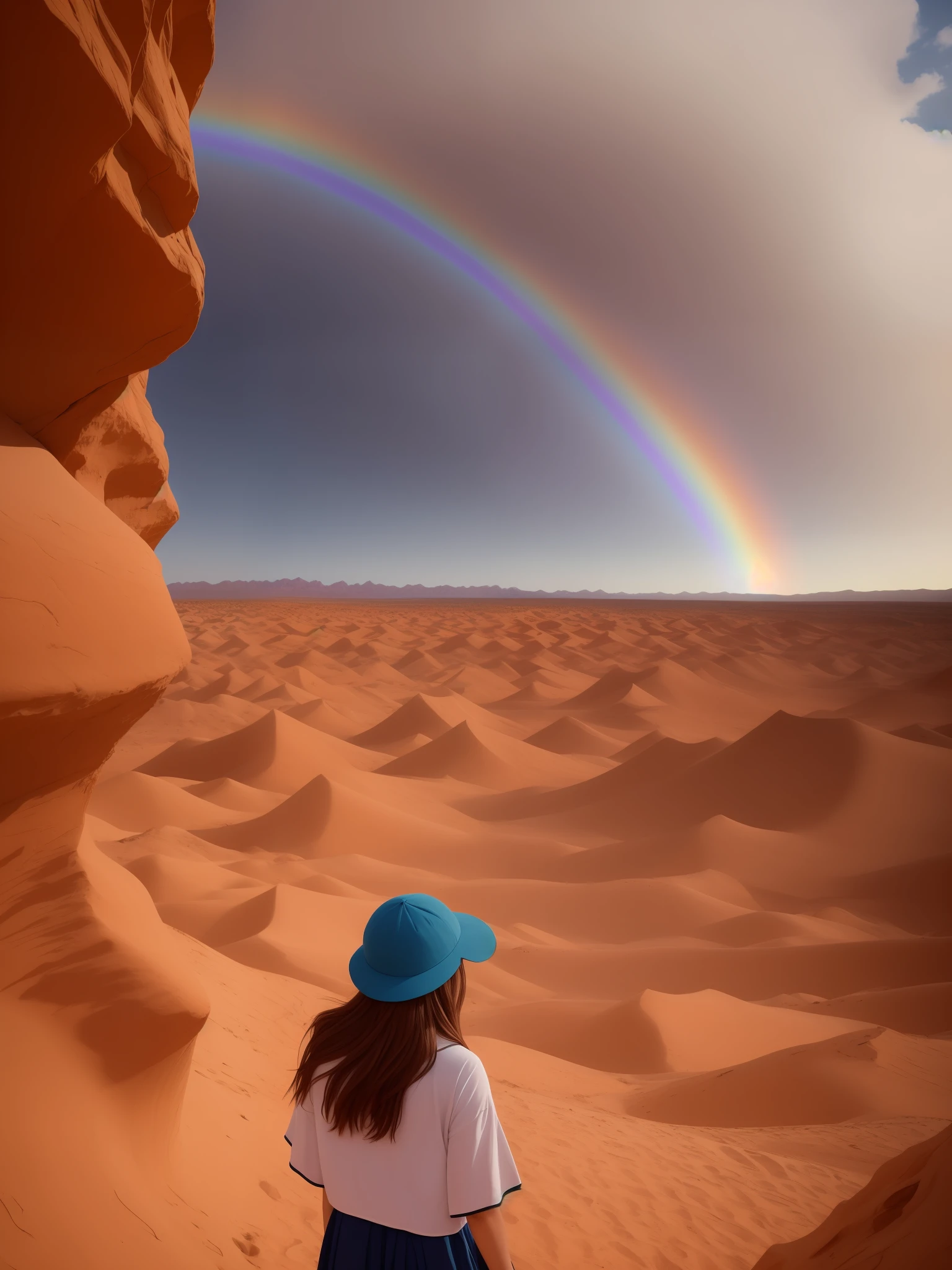 Arafed woman in a blue hat looking at a rainbow in the desert - SeaArt AI