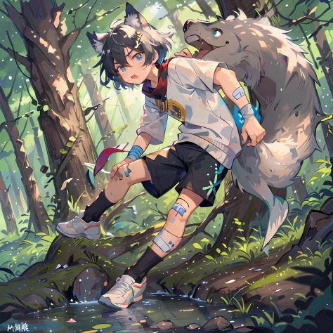1boy,An extremely delicate and beautiful boy，a magical forest，By the creek，Catch fish，The fish，8k wallpaper，tmasterpiece，电影灯光，be...