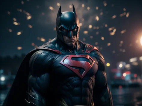 Close a powerful threat, The imposing appearance of the Batrman fighting the mighty Superman, menacing stare, ricamente detalhado, Hiper realista, 3D-rendering, obra-prima, NVIDIA, RTX, ray-traced, Bokeh, Night sky with a huge and beautiful full moon, estr...