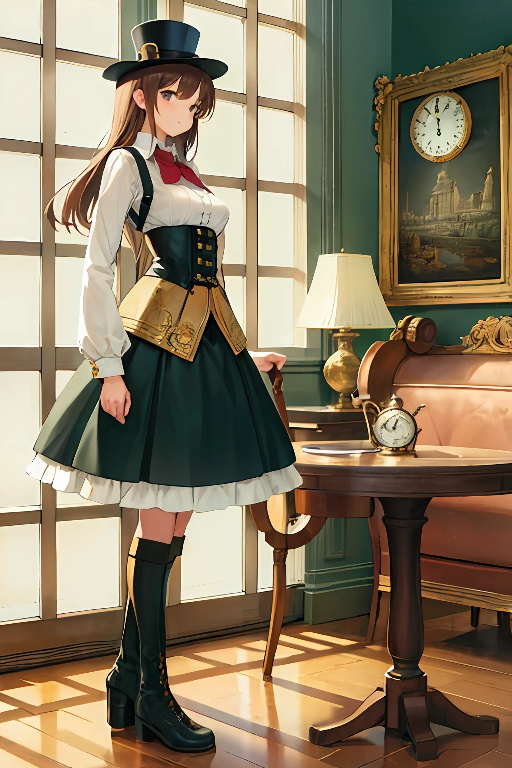 masterpiece, best quality, ultra-detailed, illustration, 1girl, solo, indoors, daytime, steampunk, clock, cafe, brown hair, top hat, goggles, corset, long skirt, boots, pocket watch, vintage, antique, brass, metal, gears, machinery, clockwork, clock tower, ornate, elegant, classic, sophisticated, refined, poised, contemplative, thoughtful, curious, mysterious, enigmatic, watchful, intelligent, bookish, coffee, cake, pastry, teapot, cup, saucer, table, chair, wallpaper, chandelier, window, sunlight, shadow, contrast, perspective, depth, texture, detail, realism, impressionistic, expressionistic, abstract, surrealistic, innovative, experimental, unique, atmosphere, ambiance, mood, nostalgia, historical, cultural, technological, industrial, fantasy, imagination, creativity, artistry, craftsmanship, skill, precision, detail, composition, balance, harmony, rhythm, color, light, shadow, reflection, refraction, tone, contrast, foreground, middle ground, background, vanishing point, horizon line, focal point, naturalistic, figurative, representational.