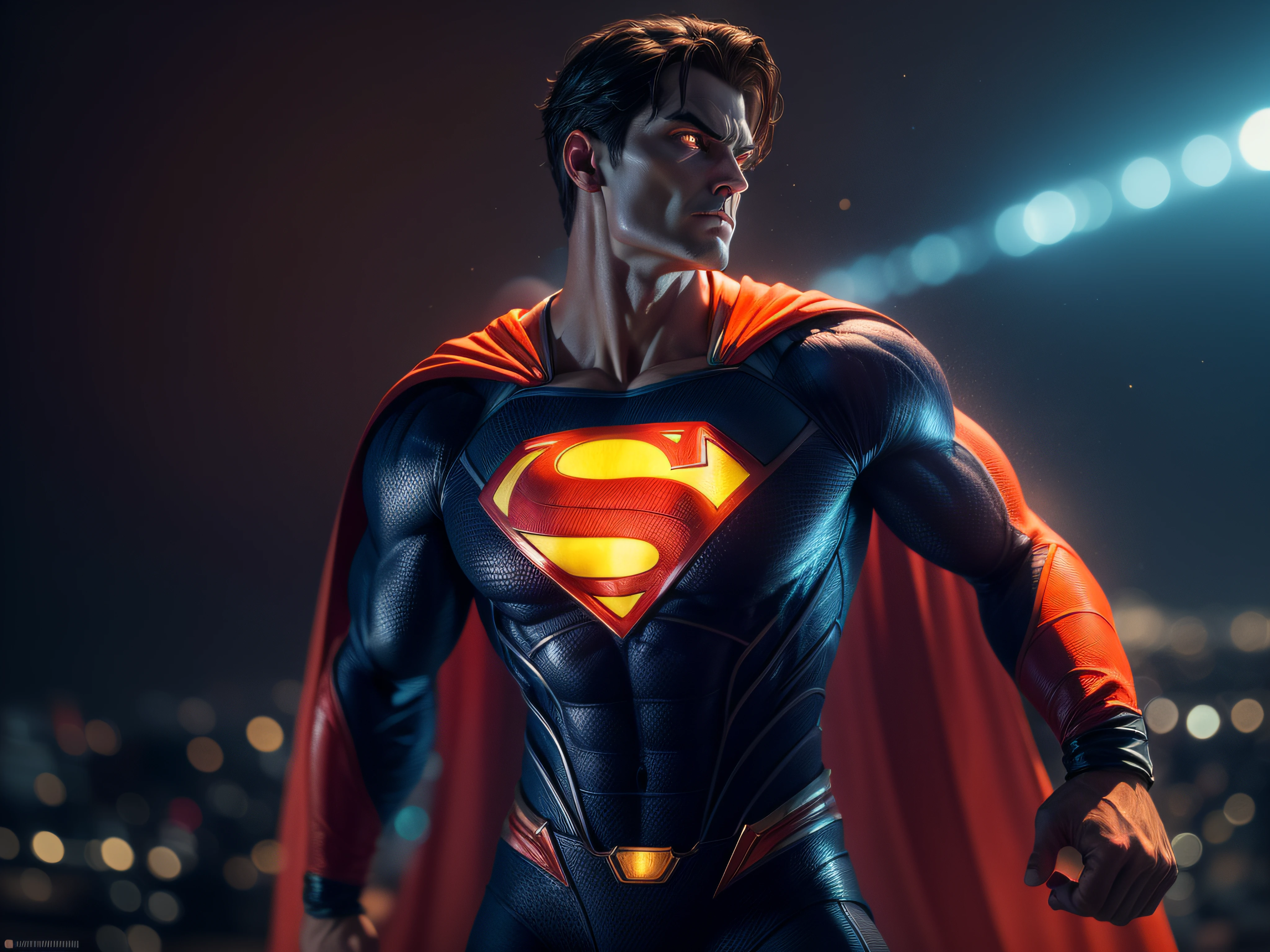 Close a powerful threat, The imposing appearance of the powerful Superman dressed in orange uniform, menacing stare, ricamente detalhado, Hiper realista, 3D-rendering, obra-prima, NVIDIA, RTX, ray-traced, Bokeh, Night sky with a huge and beautiful full moon, estrelas brilhando, 8k,