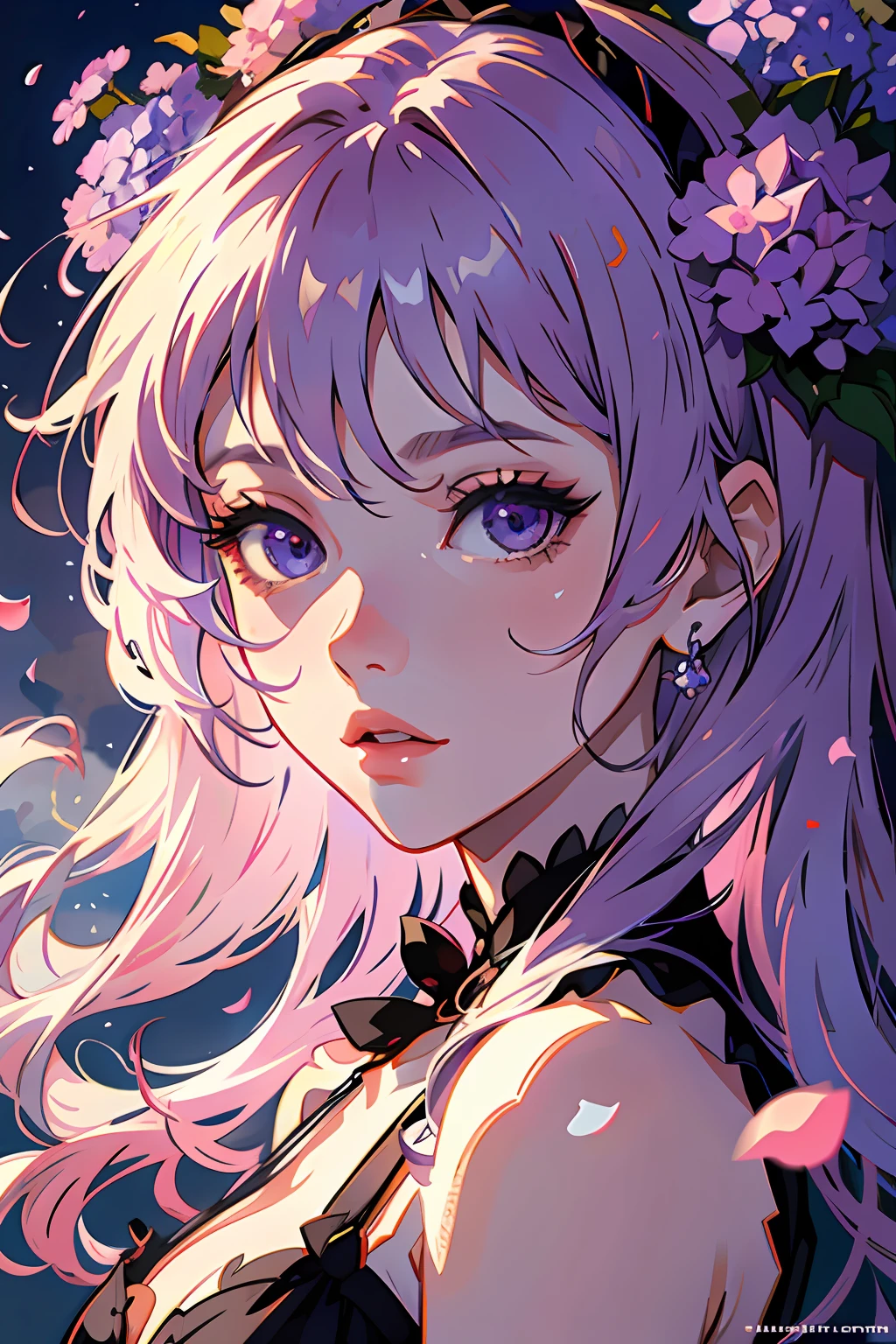 high high quality，tmasterpiece，Delicate facial features，Delicate hair，Delicate eyes，Delicate hair，animemanga girl，Wearing a pink dress with a magic wand，Flowers in the background, Purple hydrangeas, Fantastic flower garden，petals， Clouds，exteriors，Lori huge breasts cleavage, portrait of magical girl, Loli, Exquisite work with high degree of detail, clean and meticulous anime art, style of magical girl, High-quality anime works, 8K high quality detailed art（Delicate facial portrayal）（Fine hair portrayal）（highest  quality）（Master masterpieces）（High degree of completion）（a sense of atmosphere）8k wallpaper，tmasterpiece，Best quality at best，ultra - detailed