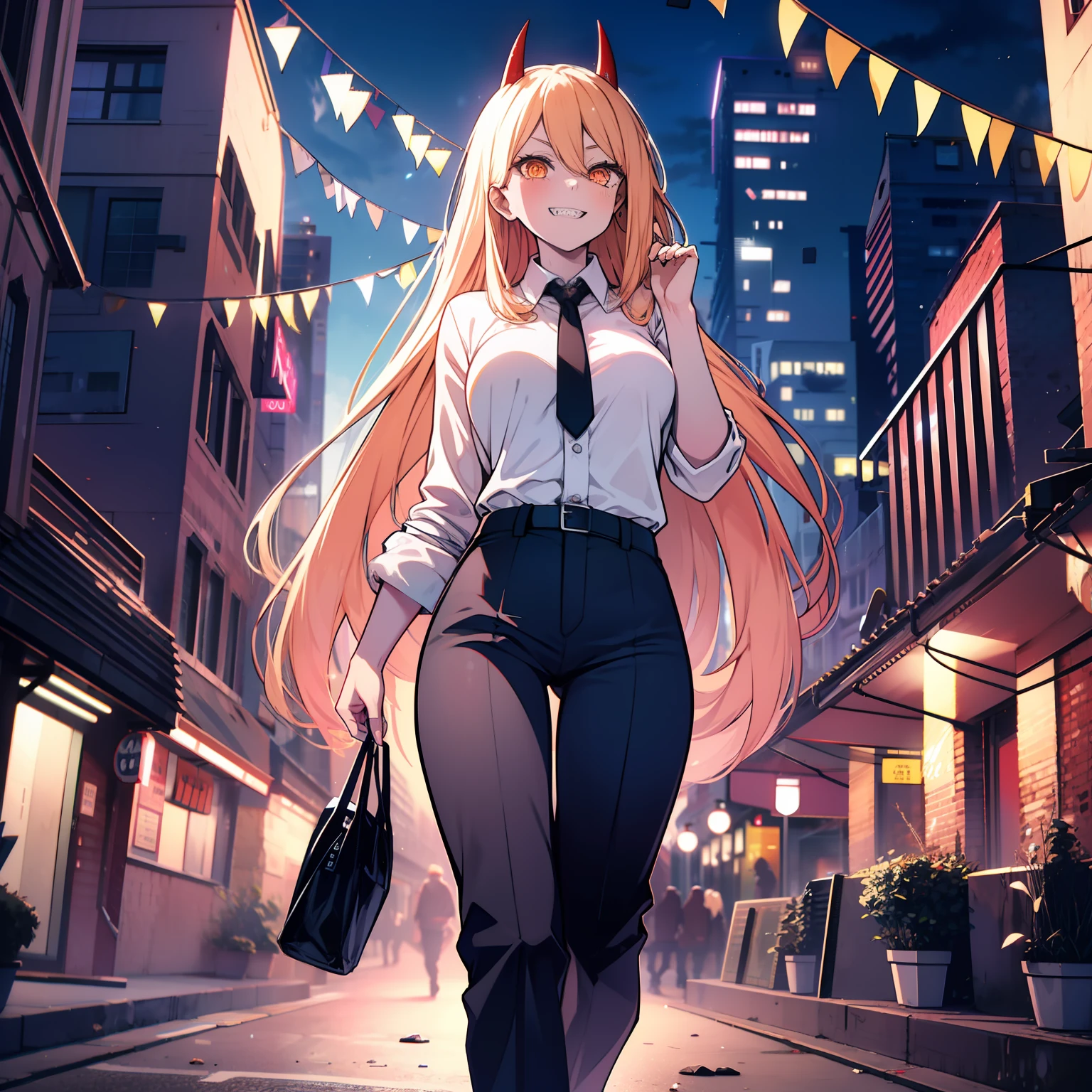 top-quality,Masterpiece,​masterpiece,8k,high-level image quality,High pixel count,1人の女性,1girl,独奏,blondehair,Long,stright long hair,a blond,2 horns,Red corner,Beautiful orange eyes,Cross-patterned eyes,Jagged teeth,((Scary smile)),High-flying smile,Mocking smile,great laughter,Stupid look,full bodyesbian,,Black suit pants,White shirt,evening glow,Night city,Garbage dumps in the city,Depiction from head to toe,is standing,Standing,facing front,Walking,