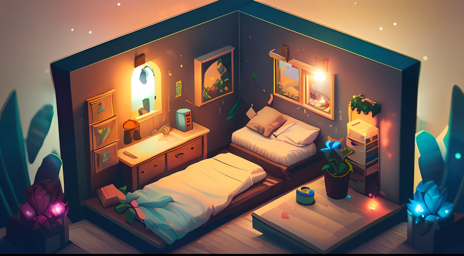 a room with a bed and a desk in it, a low poly render, inspired by Cyril Rolando, pixel art, beautiful isometric garden, underwater in the ocean at night, small and cosy student bedroom, inside a child's bedroom, organic isometric design, portfolio illustration, cute detailed artwork, beeple rendering, blurred and dreamy illustration