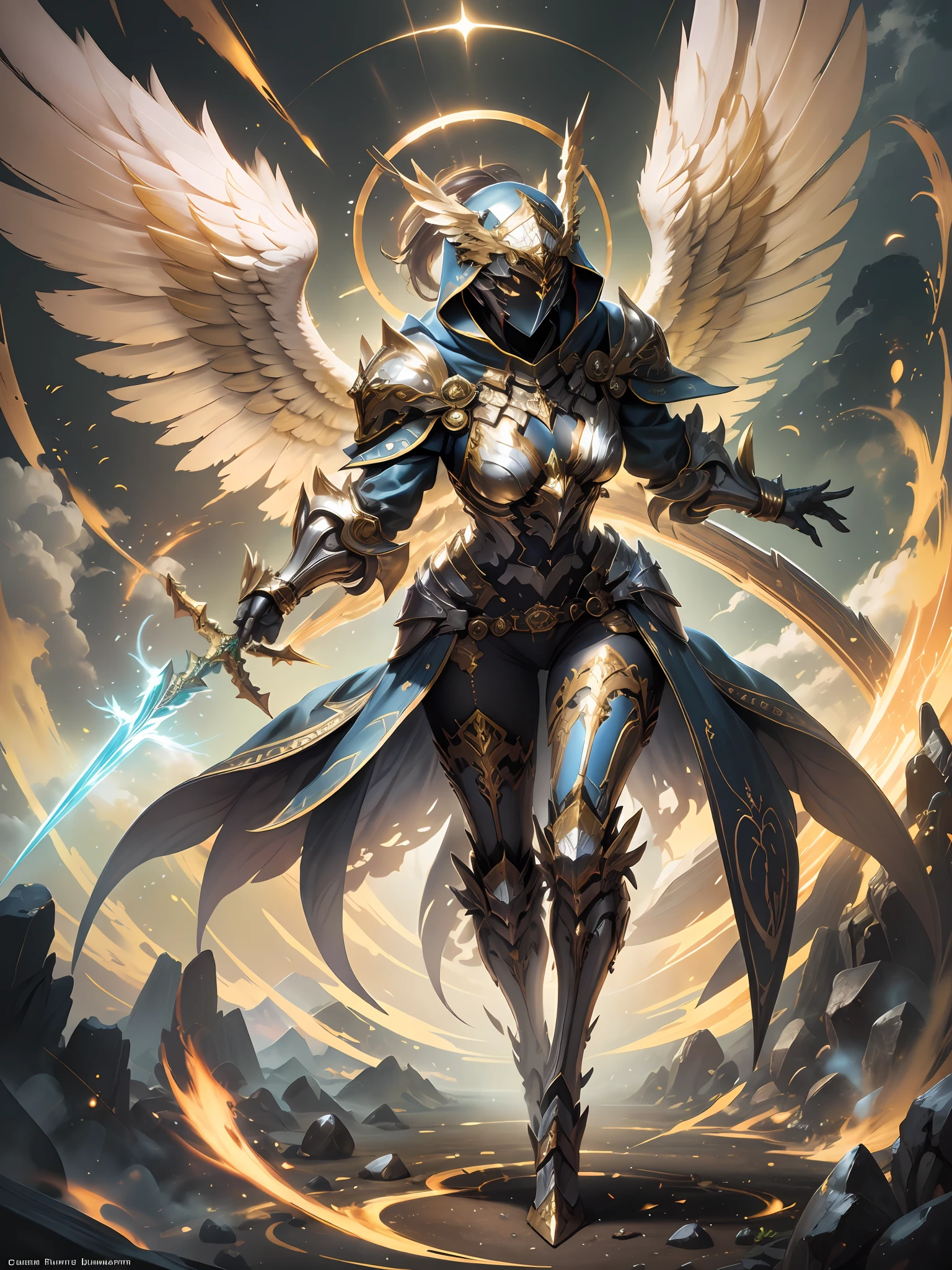 Golden armored angel, wings made of energy, metal halo, no face, hooded, gold, fantasy, concept art, ultra realistic, character art by greg rutkowski