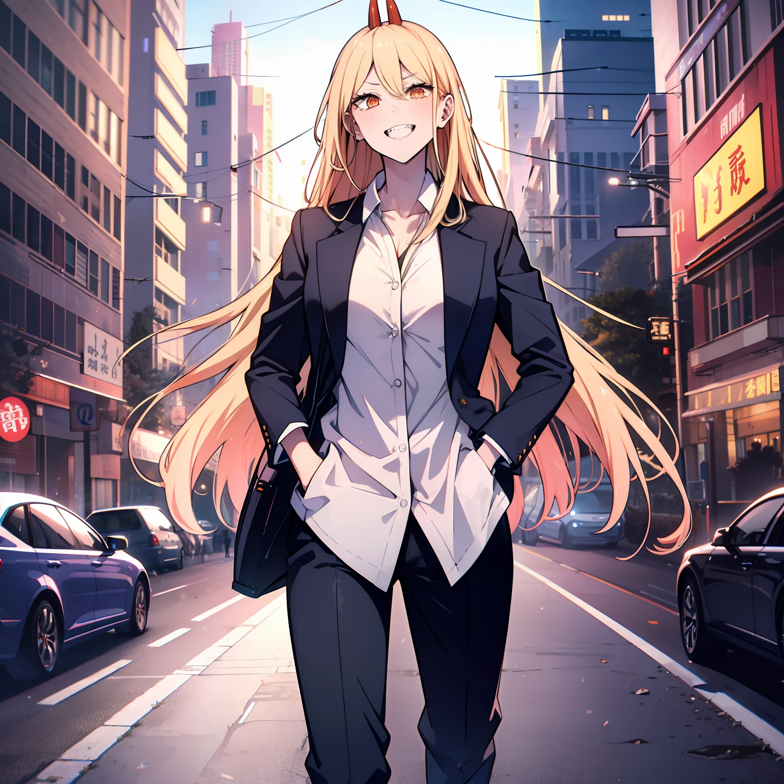 top-quality,Masterpiece,​masterpiece,8k,high-level image quality,High pixel count,1人の女性,1girl,独奏,blondehair,Long,stright long hair,a blond,2 horns,Red corner,Beautiful orange eyes,Cross-patterned eyes,Jagged teeth,High-flying smile,Mocking smile,great laughter,Stupid look,full bodyesbian,,Black suit pants,White shirt,evening glow,Night city,Garbage dumps in the city,Depiction from head to toe,is standing,Standing,facing front,Walking,