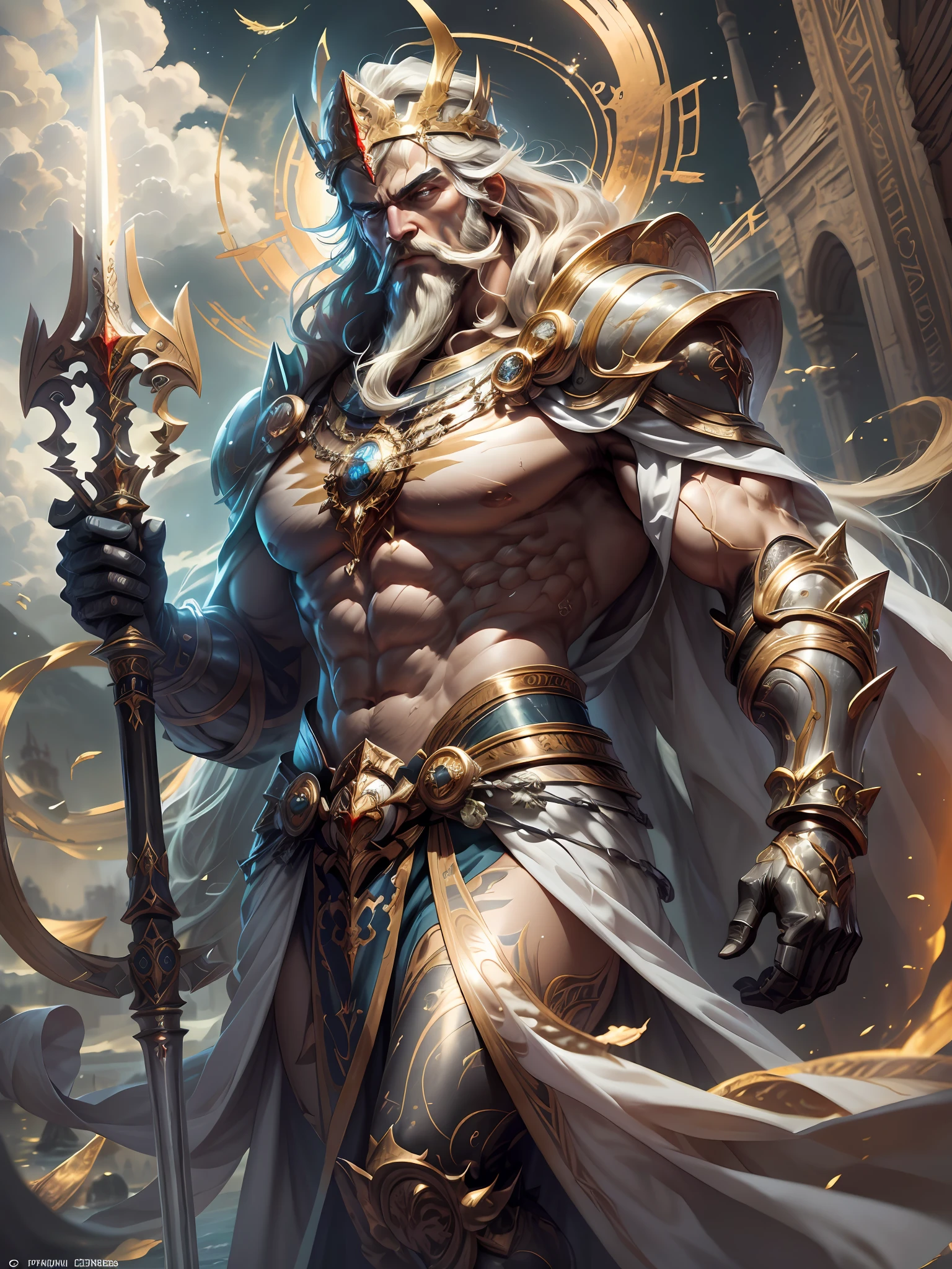 ((Best Quality)), ((Masterpiece)), (detailed), depiction of Zeus, god of the Greek gods, (mythology: 1.2), (majestic appearance: 1.1), (spear of thor in hand: 1.2), flowing beard and hair, muscular physique, wearing a crown made of shells, (marine field: 1.1), (powerful presence: 1.2), (tempest: 1.1), (divine aura: 1.1), (commanding gaze: 1.1), 8k resolution.