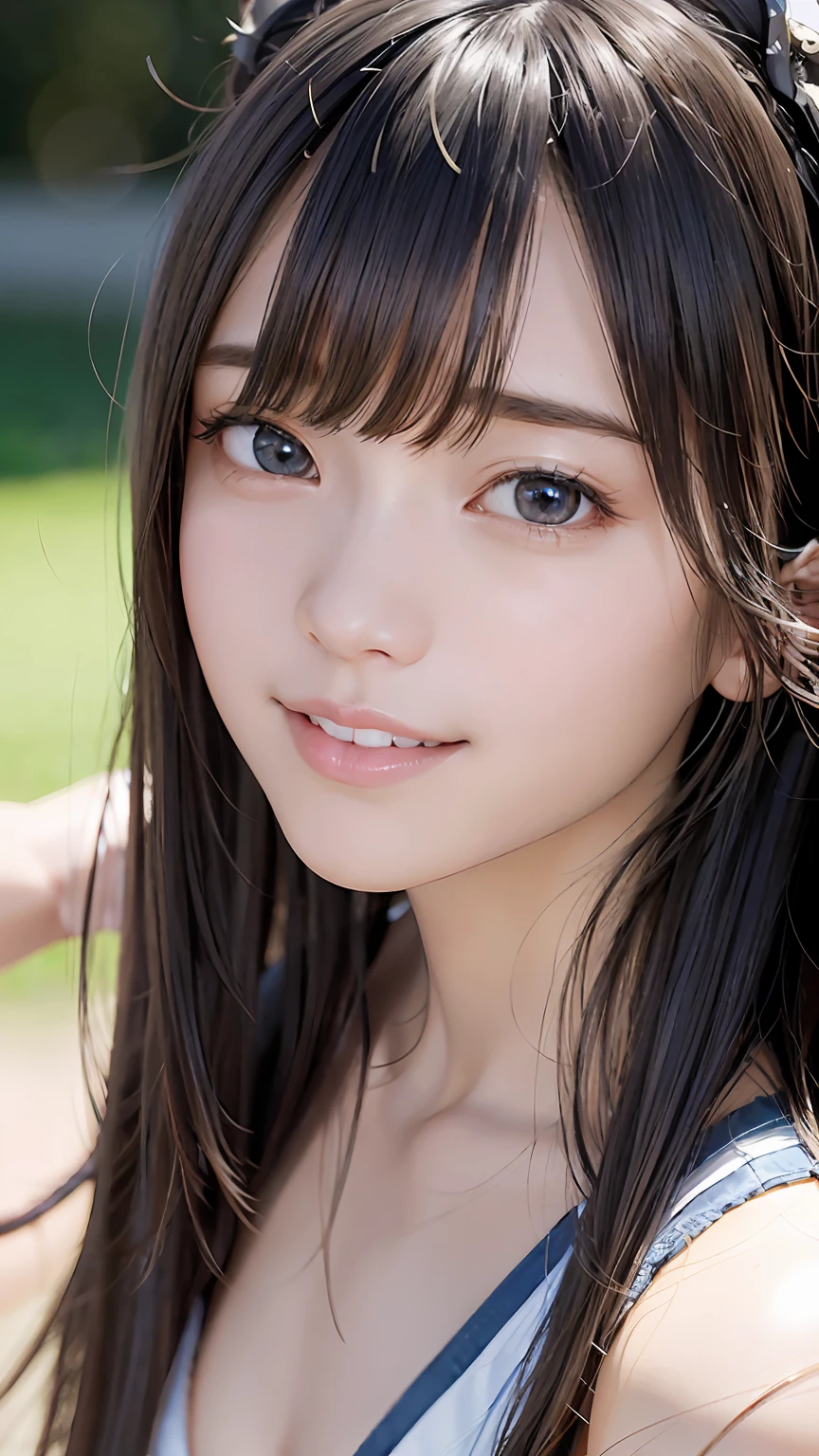 A close up of a woman with long hair wearing a blue and white dress ...