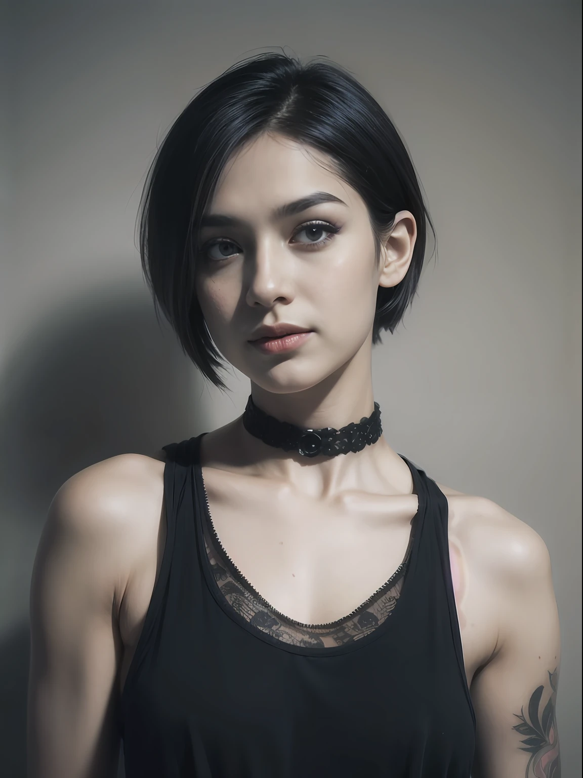 photo, rule of thirds, dramatic lighting, short hair, detailed face, detailed nose, woman wearing tank top, freckles, collar or choker, smirk, tattoo, intricate background