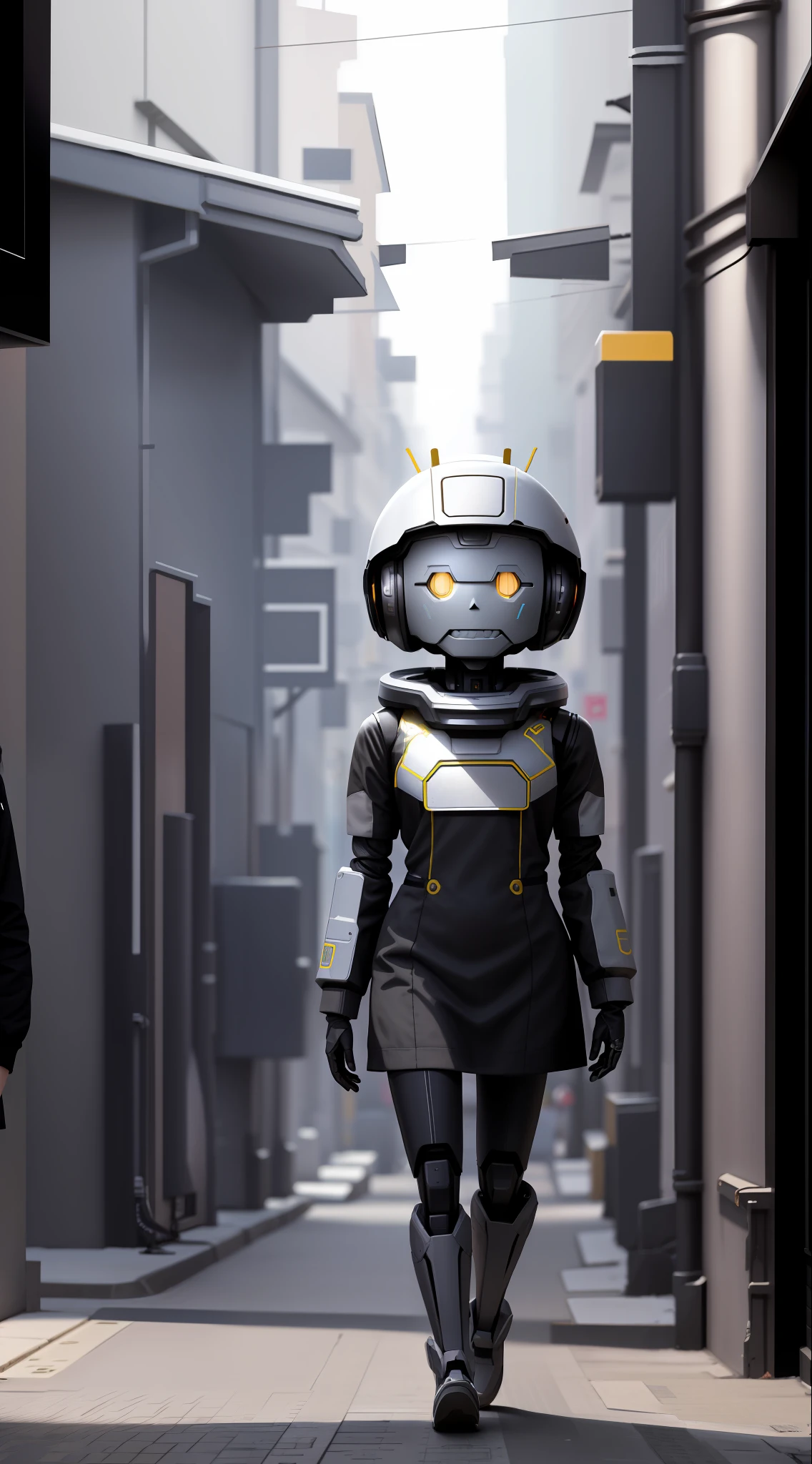 Robot, android, walking in the street, (((professional photo plane perfectly framing the character))), high definition details, 8K, distance image, full body, smile, dress, professional photographic shot perfectly framing the character stand in a  room, high definition, fine details, 8k, hyper realism