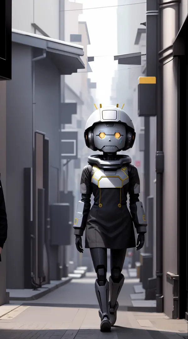 Robot, android, walking in the street, (((professional photo plane perfectly framing the character))), high definition details, ...