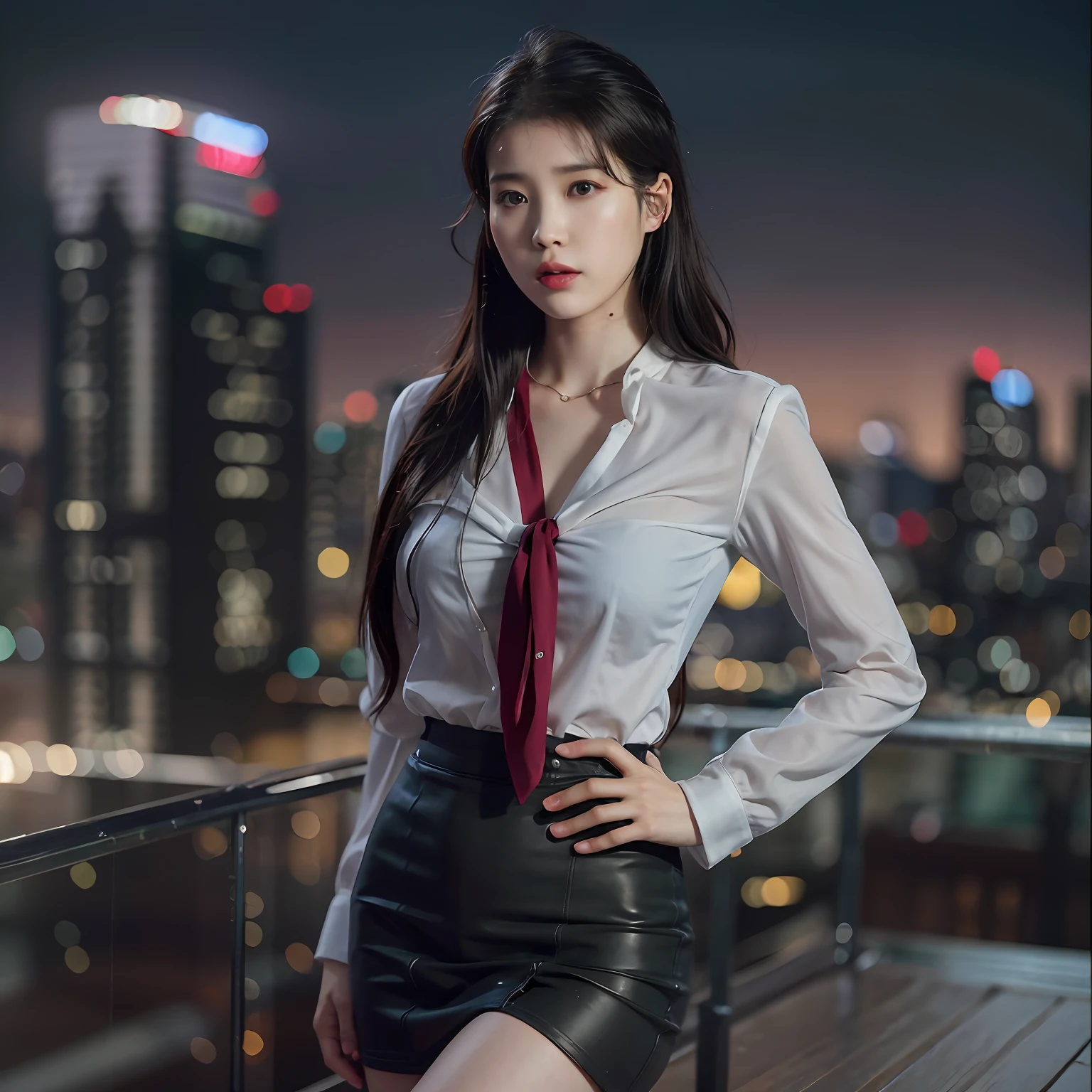 nikon RAW photo,8 k,Fujifilm XT3,photorealistic,realistic, solo, photorealistic, best quality, ultra high res, (skin spots:0.1) serious expression, , standing against a city skyline at night,business suits, short, wet and tight shirt,Suit skirt beautiful, masterpiece, best quality, extremely detailed face, perfect lighting, solo,1girl, sexy sight best quality, ultra high res, photorealistic, ultra detailed, masterpiece, best quality, iu1, big buttocks