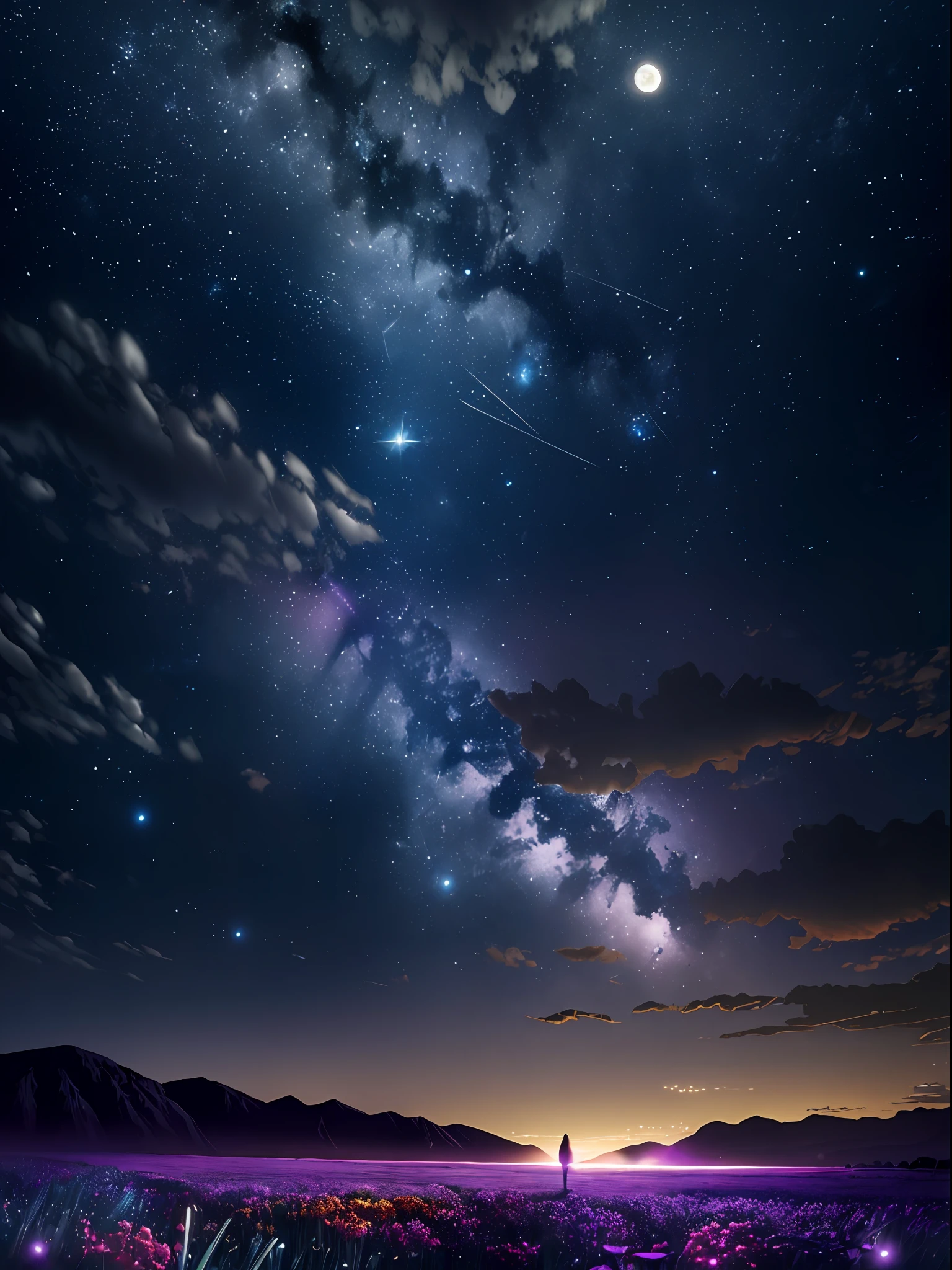 expansive landscape photograph , (a view from below that shows sky above and open field below), a girl standing on flower field looking up, (full moon:1.2), ( shooting stars:0.9), (nebula:1.3), distant mountain, tree BREAK
production art, (warm light source:1.2), (Firefly:1.2), lamp, lot of purple and orange, intricate details, volumetric lighting, realism BREAK
(masterpiece:1.2), (best quality), 4k, ultra-detailed, (dynamic composition:1.4), highly detailed, colorful details,( iridescent colors:1.2), (glowing lighting, atmospheric lighting), dreamy, magical, (solo:1.2)