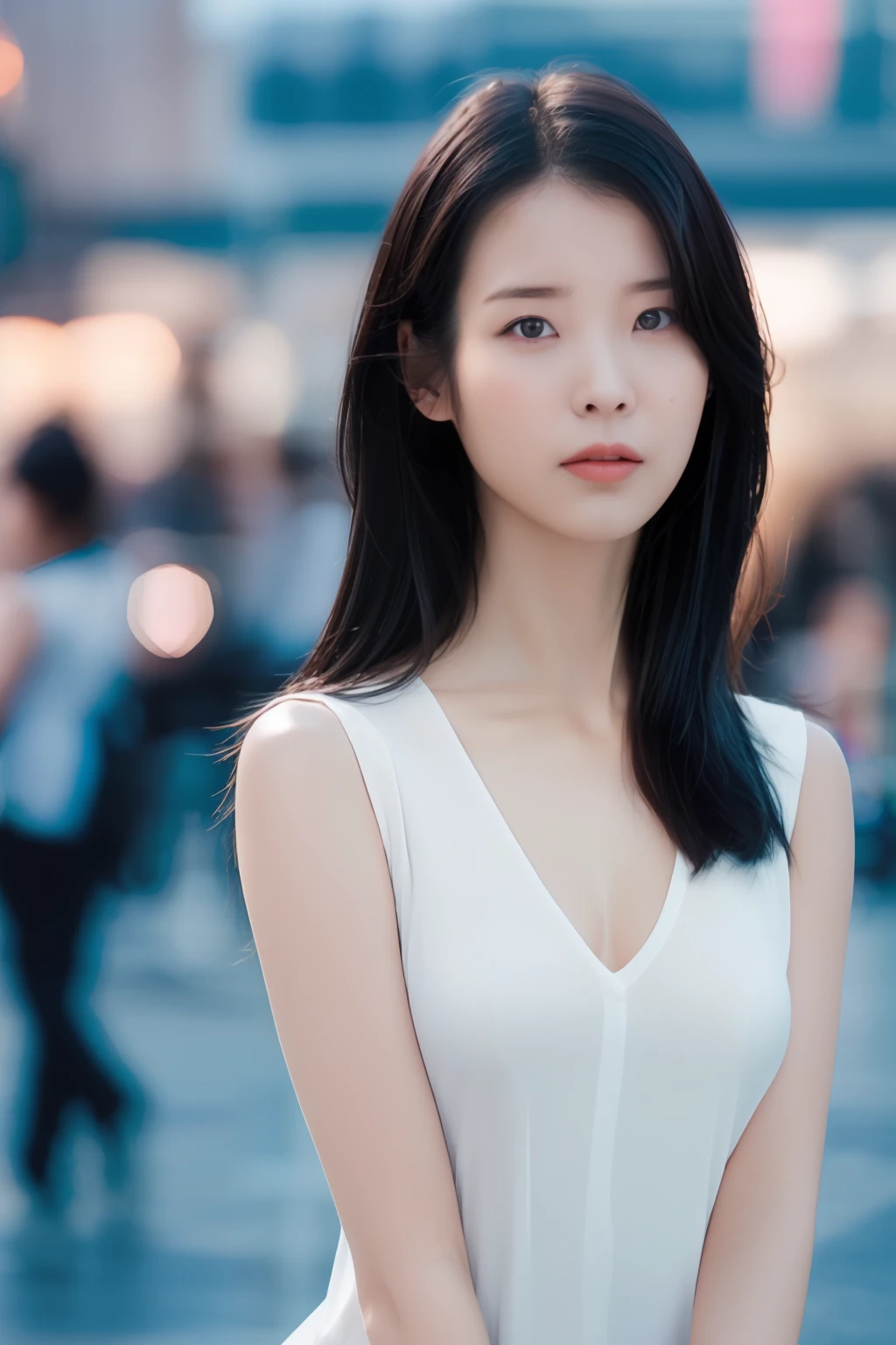 IU,real face, nude,naked,busty,breast,1girl,solo,woman,complex 3d render ultra detailed, smile, portrait of beautiful woman, moody portrait, striking features, beauty, intricate details, dramatic composition, tension, contrast, texture, realism, high-quality rendering, stunning art, high quality, film grain, Fujifilm XT3,swirly bokeh,(realistic, photo-realistic:1.4),RAW photo,physically-based rendering,(looking at viewer:1.4),(8k, best quality, masterpiece:1.2),(full body shot:1.2),octane render,extremely detailed CG, unity 8k wallpaper,in street,urban,city,(studio soft light,sunlight:1.1),hyper realistic detail shiny skin,ultra detailed,(standing:1.1),(a girl is wearing sleeveless:1.5),(ultra realistic:1.5),(intricate:1.1),(photorealistic:1.4),1girl,(skinny:1.3),detailed background ,(large breasts:1.1)