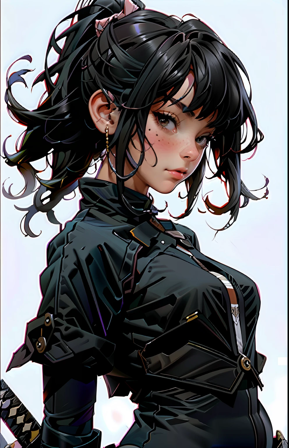 espada, arma, 1girl, katana, gradiente, gradient_background, bainha, bainha, brincos, joias, bainha, solo, rabo de cavalo, ear_piercing, black_hair, piercing, ataduras, hand_on_hilt, Mundo arruinado, Cabelo liso, 1 girl solo, garota vestindo (vestes pretas: 1.2) (capa preta: 1.2 ),perfect face, anime, sobrevivente, misteriosa, no emotion,