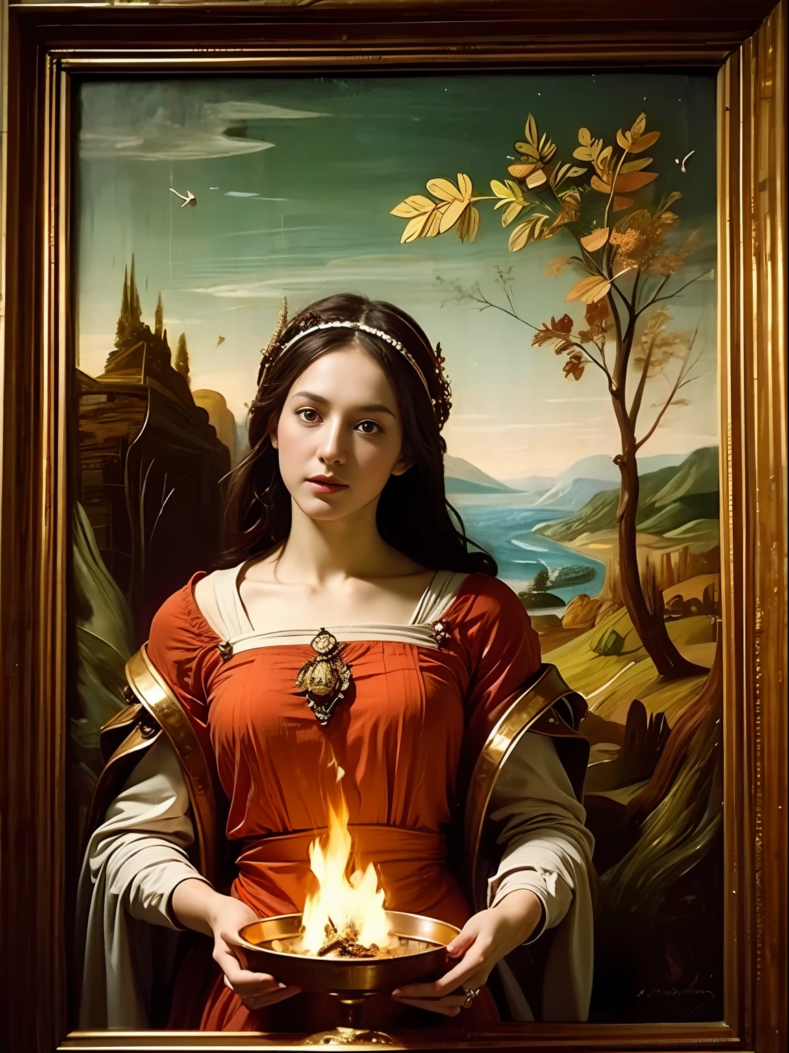 "(((文藝復興繪畫))) 布里吉特, 凱爾特女神, 手持野酢漿草枝，身著秋色飄逸衣裳. 她的銅色頭髮在燈光下閃閃發光, 她頭上的火焰高高地散發著魔法和神秘的氣息.