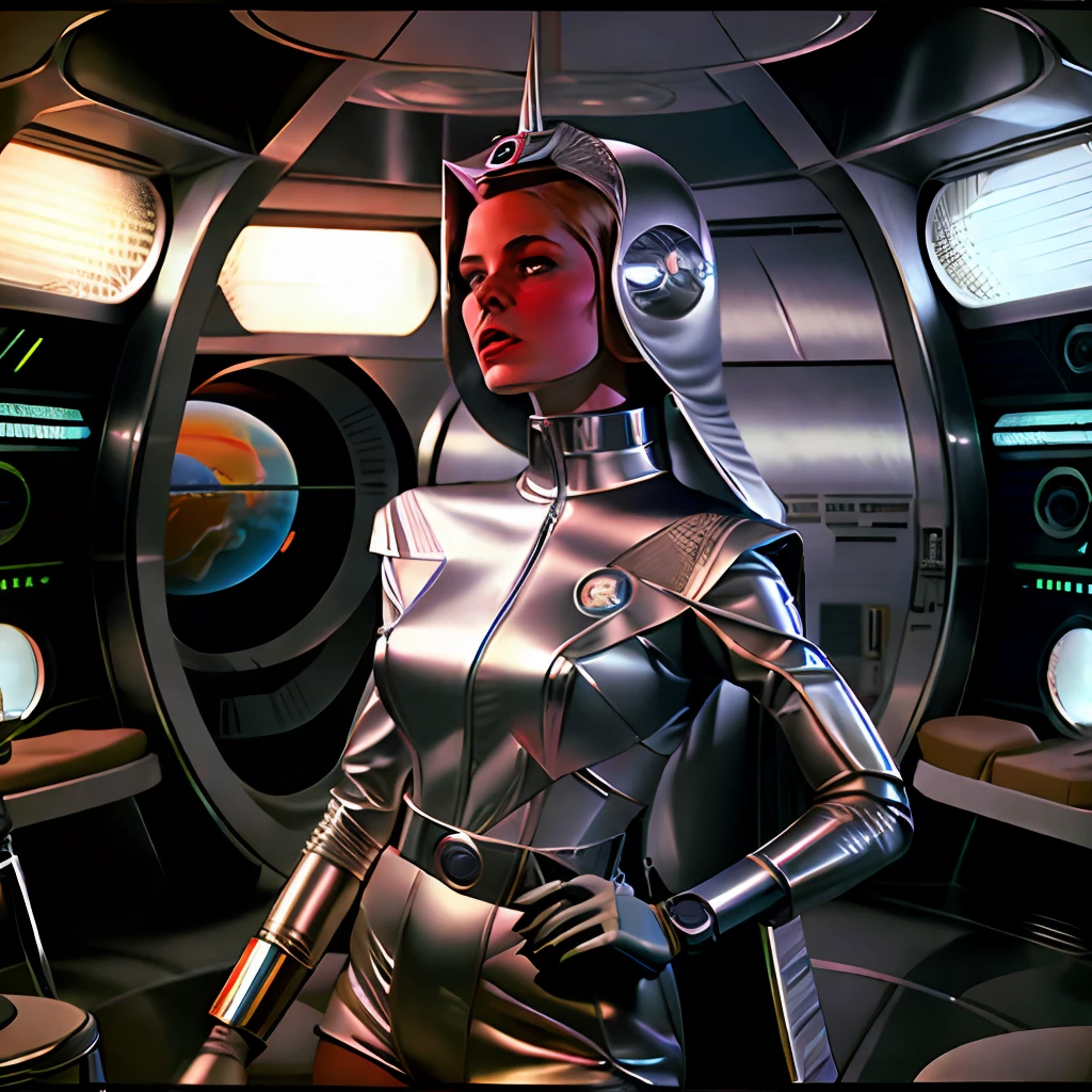 a close up of a woman in a helmet holding a remote control, as a retro futuristic heroine, Retro Sci - Image by FI, as a retrofuturistic heroine, 7 0&#39;s vintage sci - estilo fi, 1 9 6 0 s space, retrofuturistic female android, Portrait of a sci - fi woman, Retro 1 9 6 0 S Sci - Art of Fi.