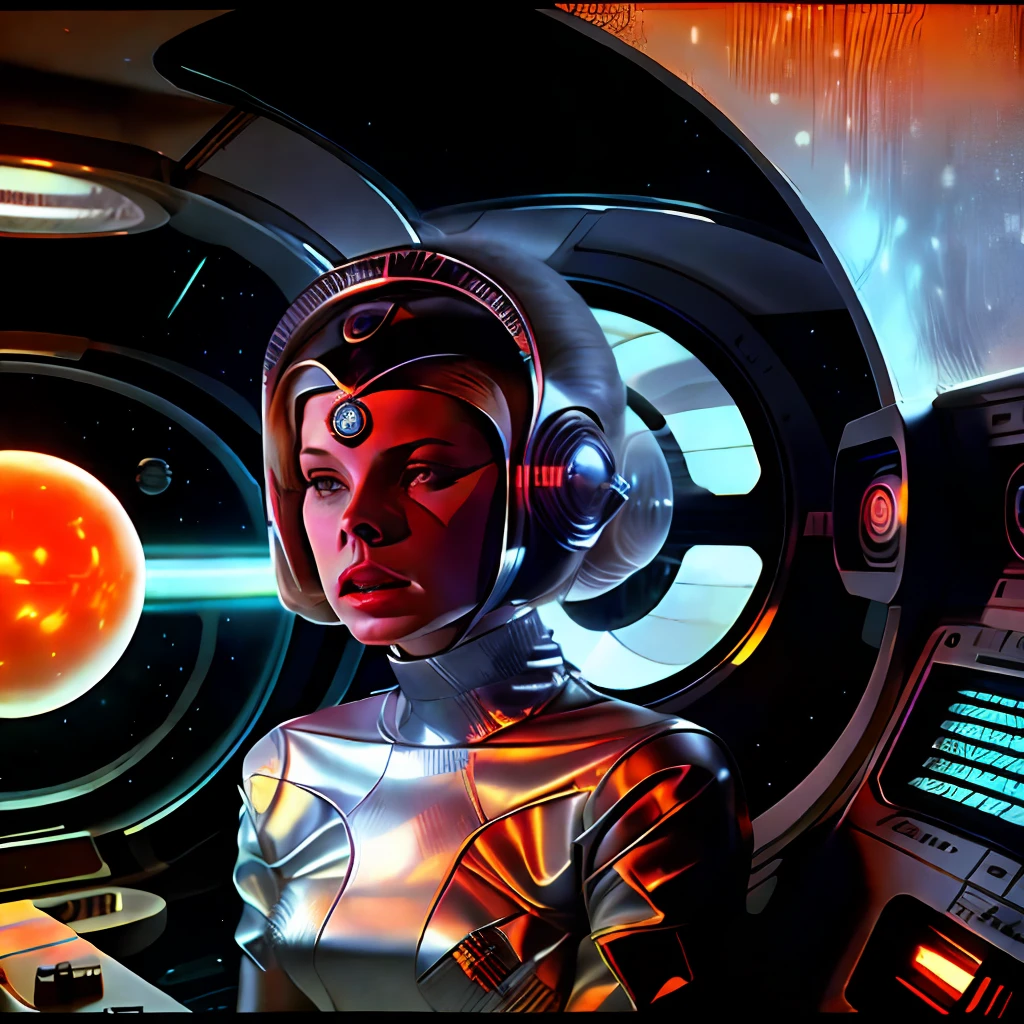 a close up of a woman in a helmet holding a remote control, as a retro futuristic heroine, Retro Sci - Image by FI, as a retrofuturistic heroine, 7 0&#39;s vintage sci - estilo fi, 1 9 6 0 s space, retrofuturistic female android, Portrait of a sci - fi woman, Retro 1 9 6 0 S Sci - Art of Fi.