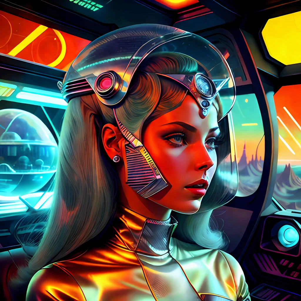 um close up de uma mulher em um capacete segurando um controle remoto, as a retro futuristic heroine, Retro Sci - Imagem de FI, as a retrofuturistic heroine, 7 0's vintage sci - estilo fi, 1 9 6 0 s menina espacial, androide feminino retrofuturista, Retrato de uma mulher sci - fi, Retro 1 9 6 0 S Sci - Art of Fi.