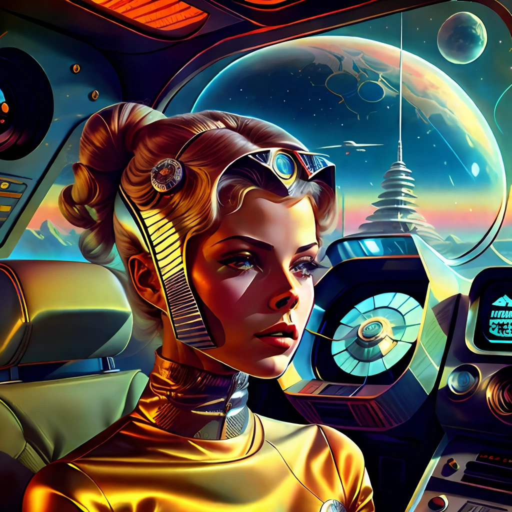 un gros plan d&#39;une femme dans un casque tenant une télécommande, en héroïne rétro futuriste, Rétro Sci - Image de FI, en héroïne rétrofuturiste, 7 0's vintage sci - estilo fi, Espace 1 9 6 0 s, androïde féminin rétrofuturiste, Portrait d&#39;une femme de science-fiction, Rétro 1 9 6 0 S Sci - Art de la Fi.