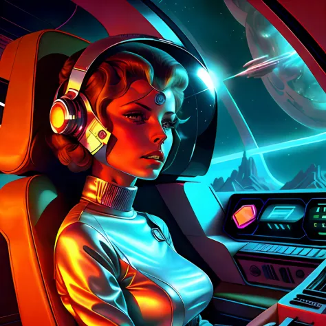 um close up de uma mulher em um capacete segurando um controle remoto, as a retro futuristic heroine, Retro Sci - Imagem de FI, ...