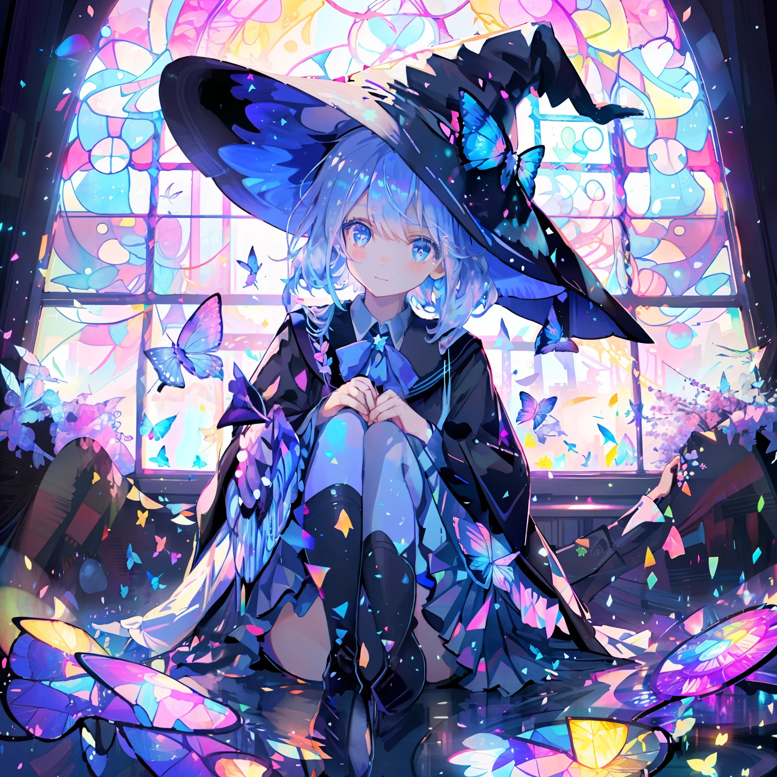 schoolgirls，The Witch，Witch hat，blue color eyes，butterflys，blossoms，short  skirt，magia，particle fx，The light from the back window is backlighted，sat on the ground，colored glass，complementary colours，the complex background，best qualtiy，8K，tmasterpiece，