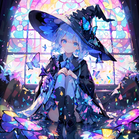 schoolgirls，The Witch，Witch hat，blue color eyes，butterflys，blossoms，short  skirt，magia，particle fx，The light from the back windo...