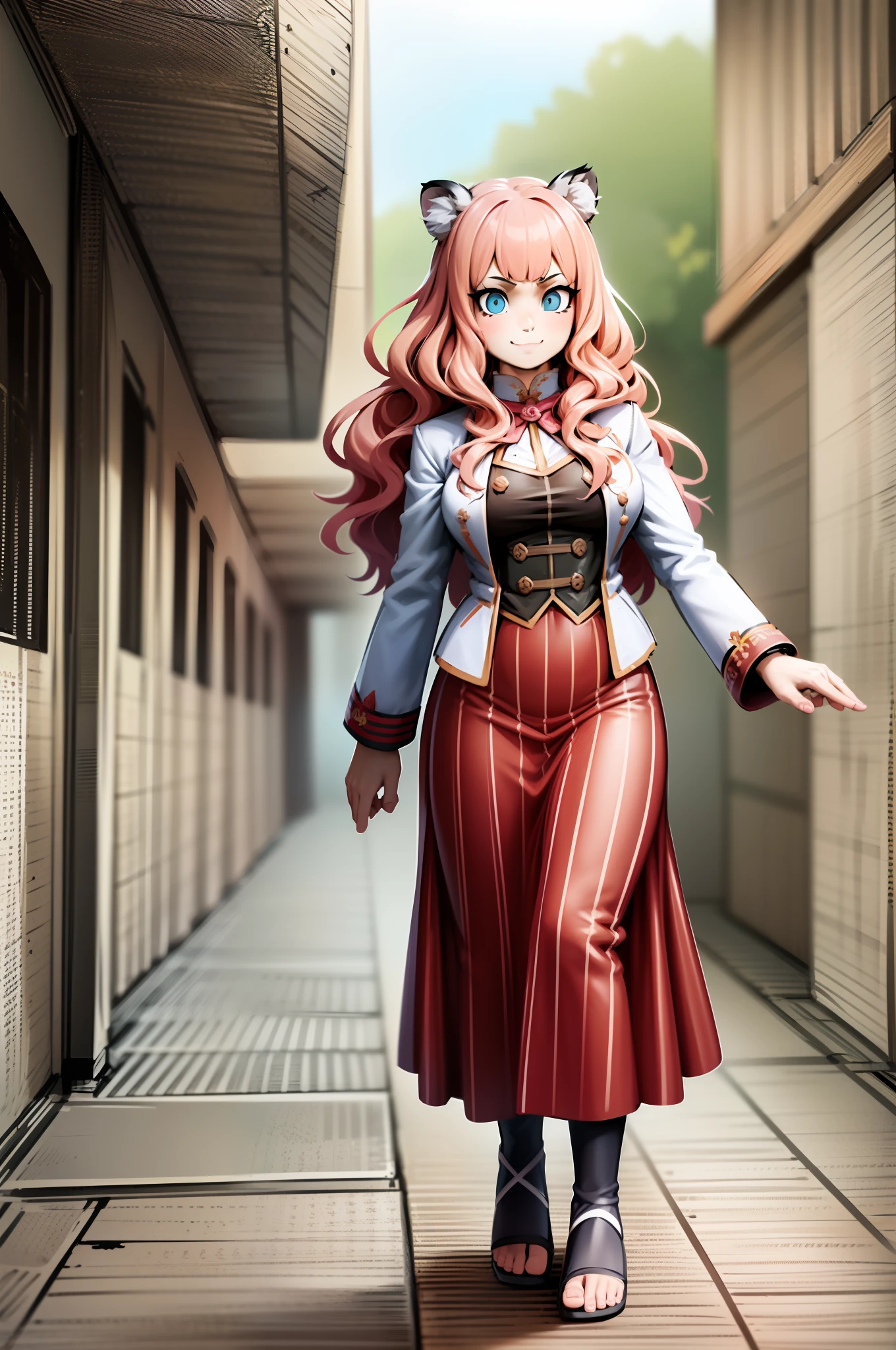 , tiger ears, tiger tails, martial art, medium chest, pink hair, skirt, jacket, godess,1girl,coat,walking, solo focus.1character, holy catholic mountain,alone, full body, long skirt, smug smile, long skirt, victorian cloths, forest, portrait, victorian skirt,, flip flops