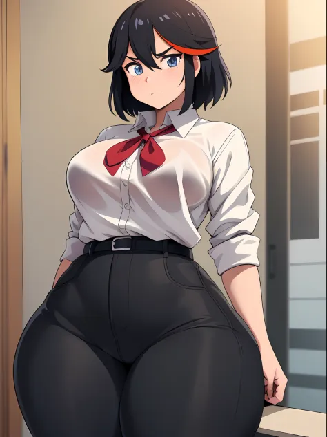 ((kipteitei)), ((masterpiece)), (((best quality))), ((ultra-detailed)), (((illustration))), detailed face, ultra cute face, detailed body, ((1girl)), ((solo)), matoi ryuuko, white shirt, black pants, (tight clothes), (undersized clothes), looking at viewer...