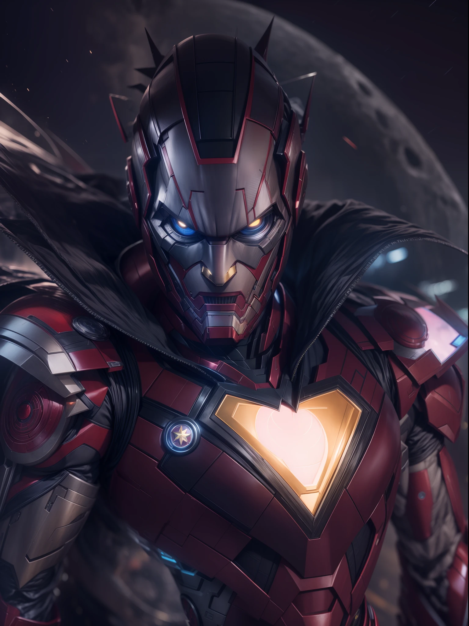 Close a powerful threat, The imposing appearance of an joker iron man fusion, menacing stare, ricamente detalhado, Hiper realista, 3D-rendering, obra-prima, NVIDIA, RTX, ray-traced, Bokeh, Night sky with a huge and beautiful full moon, estrelas brilhando, 8k,