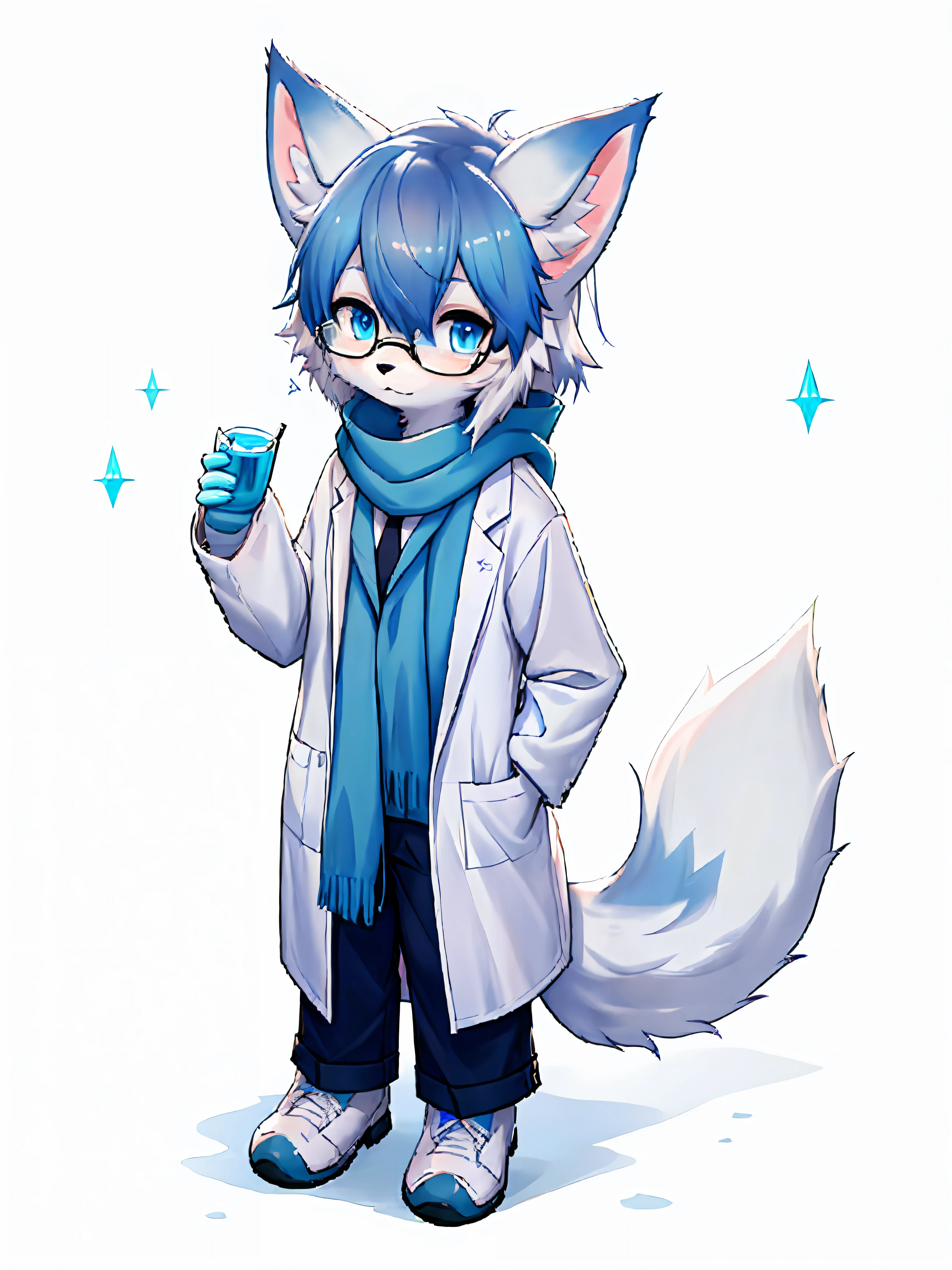 Anime character with arctic fox ears wearing lab coat and blue scarf,Arctic fox with fluffy blue fur and tail,Wear half-rimmed glasses,Arctic fox beauty in lab coat,  Fox scientist, professional furry drawing