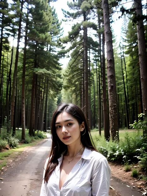 there is a woman that is standing in the woods with a cell phone, 2 8 years old, in front of a forest background, 2 7 years old,...