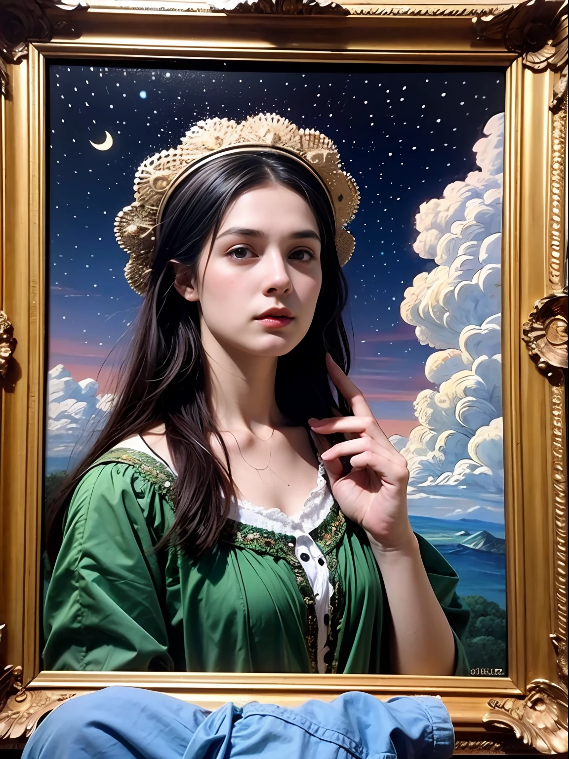 (Pre-Raphaelite painting), (Renaissance painting), filter vignette, Celtic goddess of the star with serpent, Celtic plaid clothing, serpent and egg, star on the top of her head, image is flying in the night sky, between clouds and stars, shades of violet and clouds