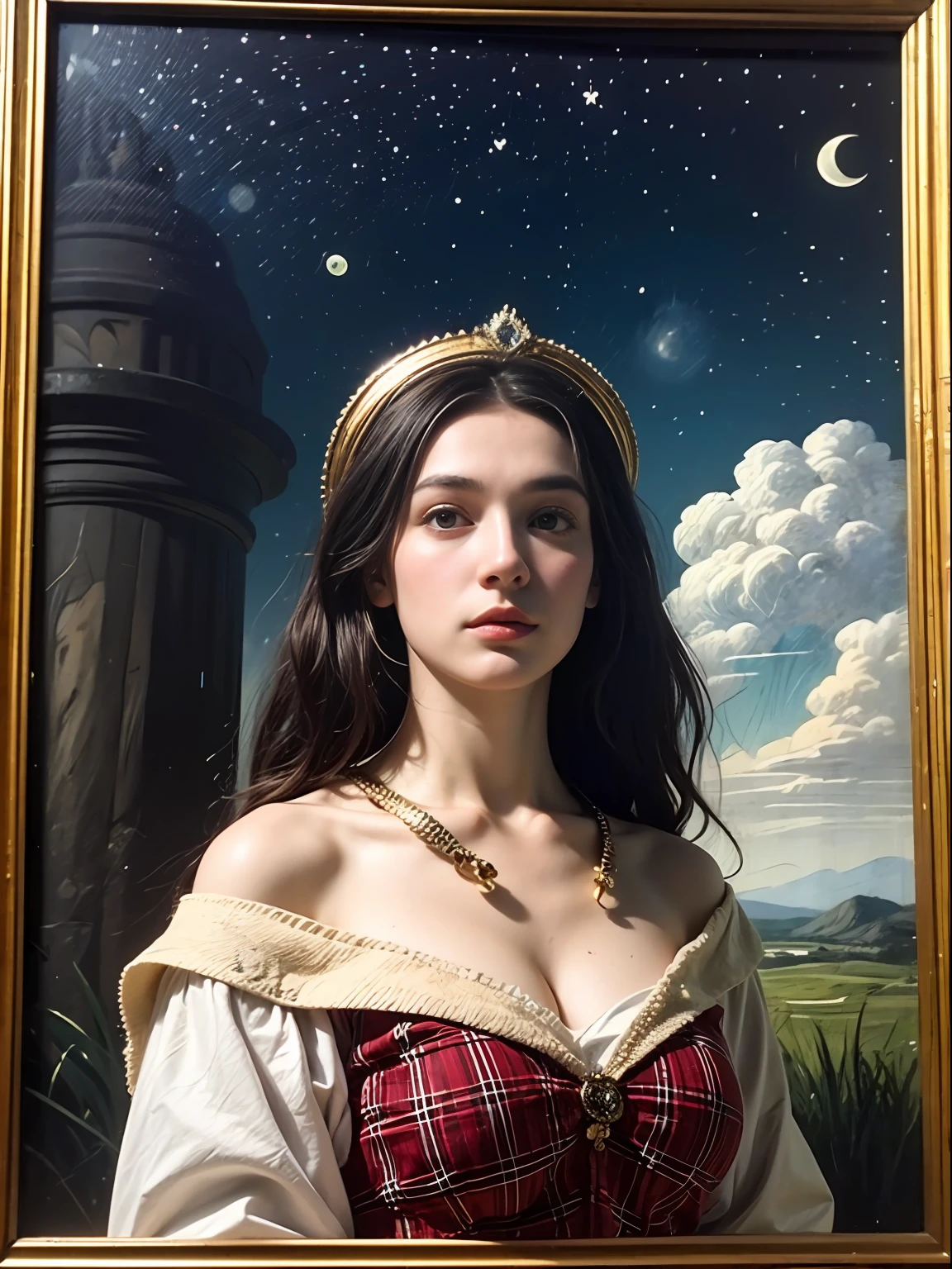 (Pre-Raphaelite painting), (Renaissance painting), filter vignette, Celtic goddess of the star with serpent, Celtic plaid clothing, serpent and egg, star on the top of her head, image is flying in the night sky, between clouds and stars, shades of violet and clouds