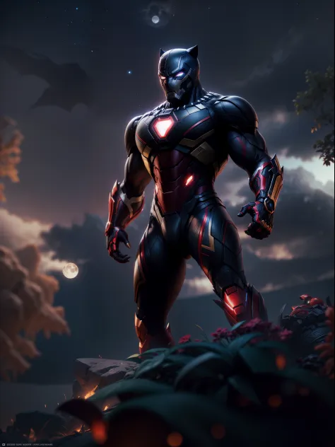 Close a powerful threat, The imposing appearance of an black panther and iron man fusion, menacing stare, ricamente detalhado, H...
