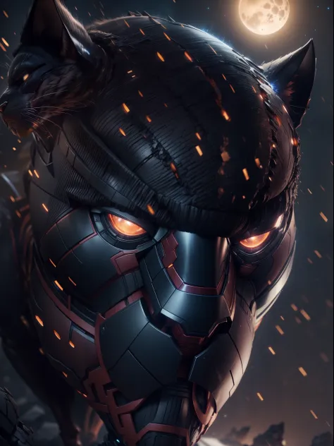 Close a powerful threat, The imposing appearance of an black panther and iron man fusion, menacing stare, ricamente detalhado, Hiper realista, 3D-rendering, obra-prima, NVIDIA, RTX, ray-traced, Bokeh, Night sky with a huge and beautiful full moon, estrelas...
