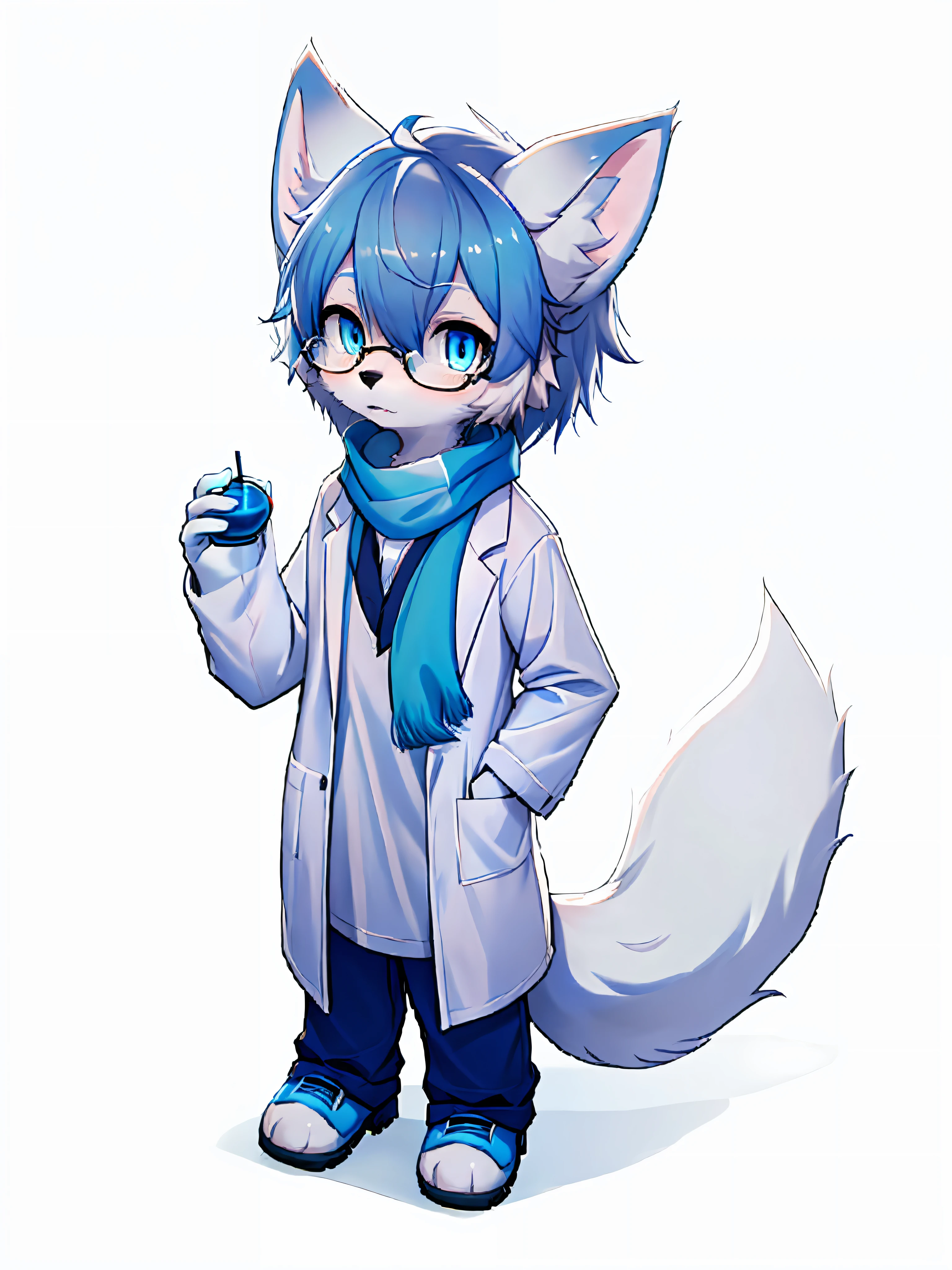 Anime character with arctic fox ears wearing lab coat and blue scarf,Arctic fox with fluffy blue fur and tail,Wear half-rimmed glasses,Arctic fox beauty in lab coat,  Fox scientist, professional furry drawing