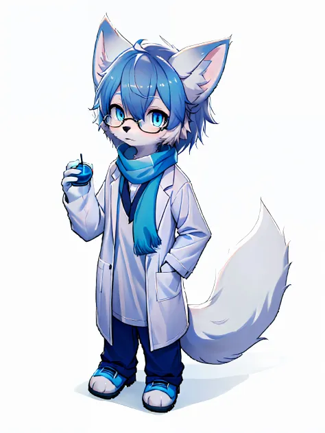 Anime character with arctic fox ears wearing lab coat and blue scarf,Arctic fox with fluffy blue fur and tail,Wear half-rimmed g...